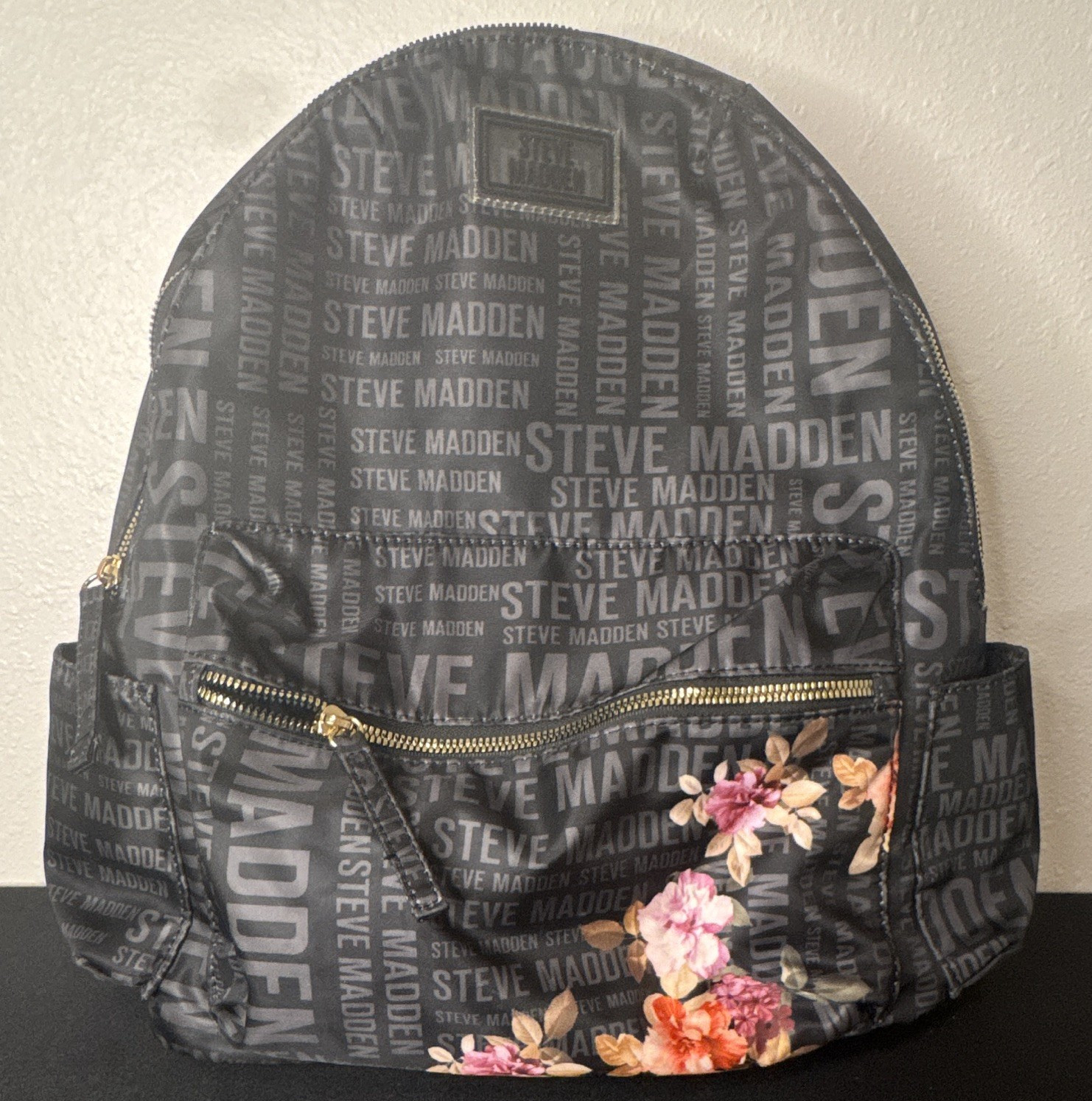 Steve Madden Black/Gray Logo Backpack Floral Pocket Gold Hardware Zip Pockets