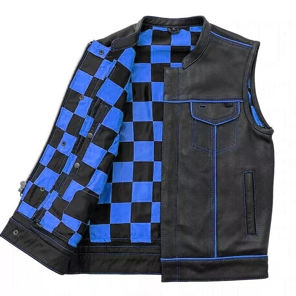 Men’s Handmade Genuine Black Leather Biker Vest with Blue Leather Motorbike Vest