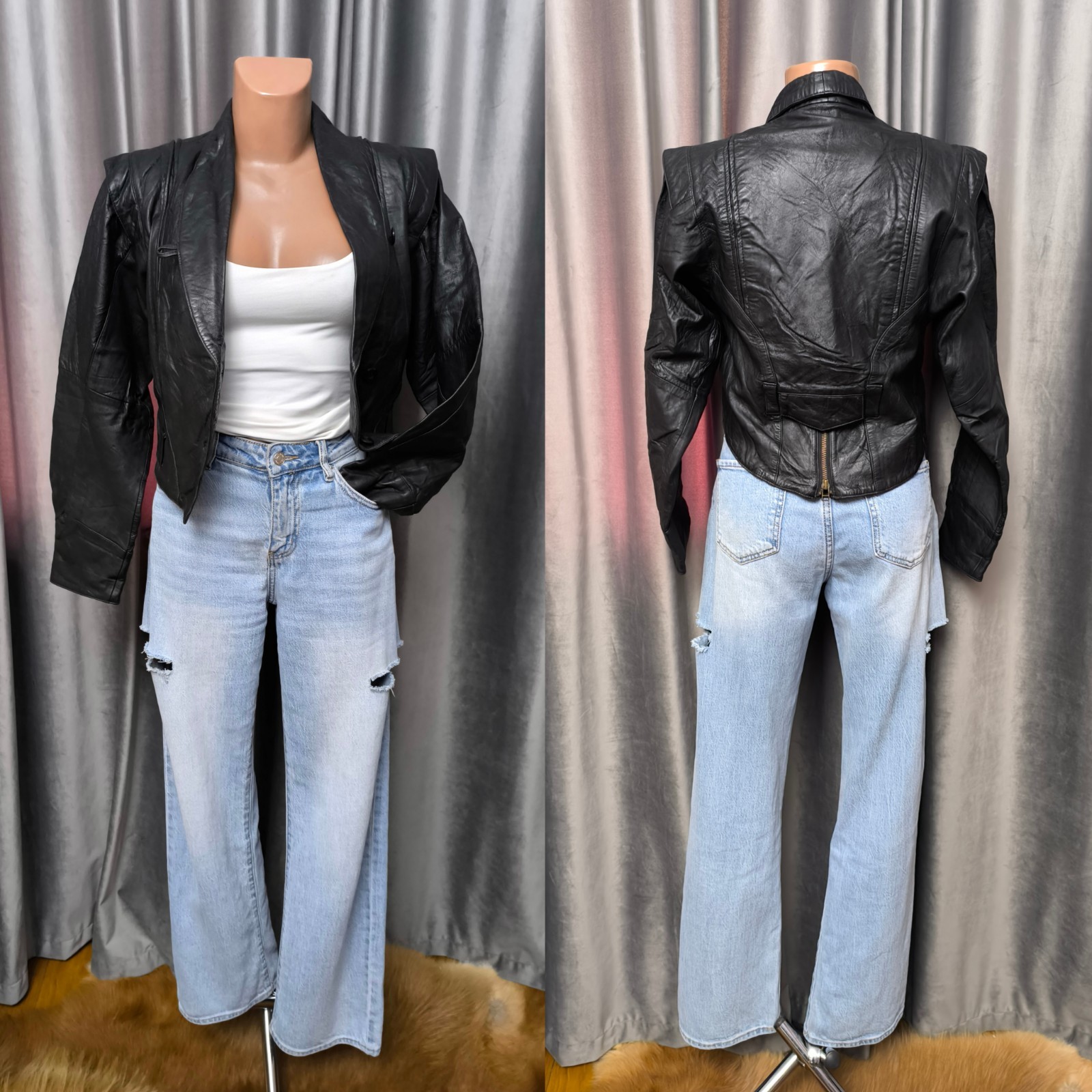 Vintage Black Genuine Leather Cropped Jacket Women’s S 80s Shoulder Pad Blazer