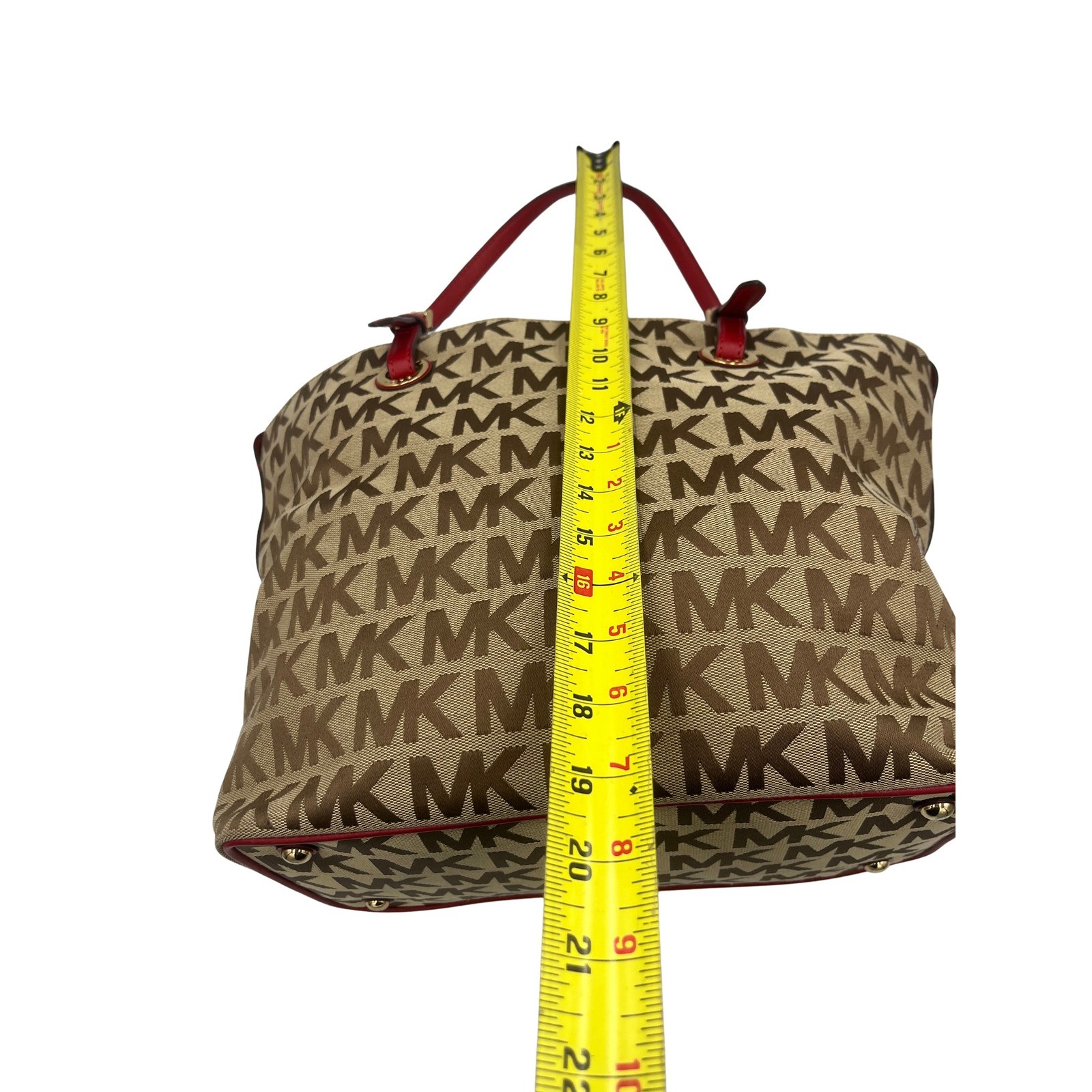 Michael Kors Monogram Jacquard Tote Bag Beige Red Leather Gold Hardware BFSQ1K