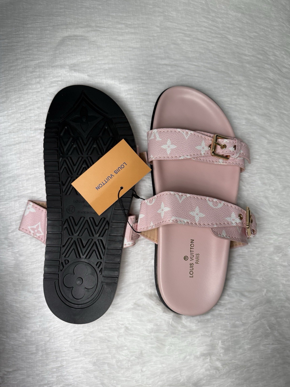 Louis Vuitton Monogram Double Strap Buckle Slide Sandals Pink/White EU 42