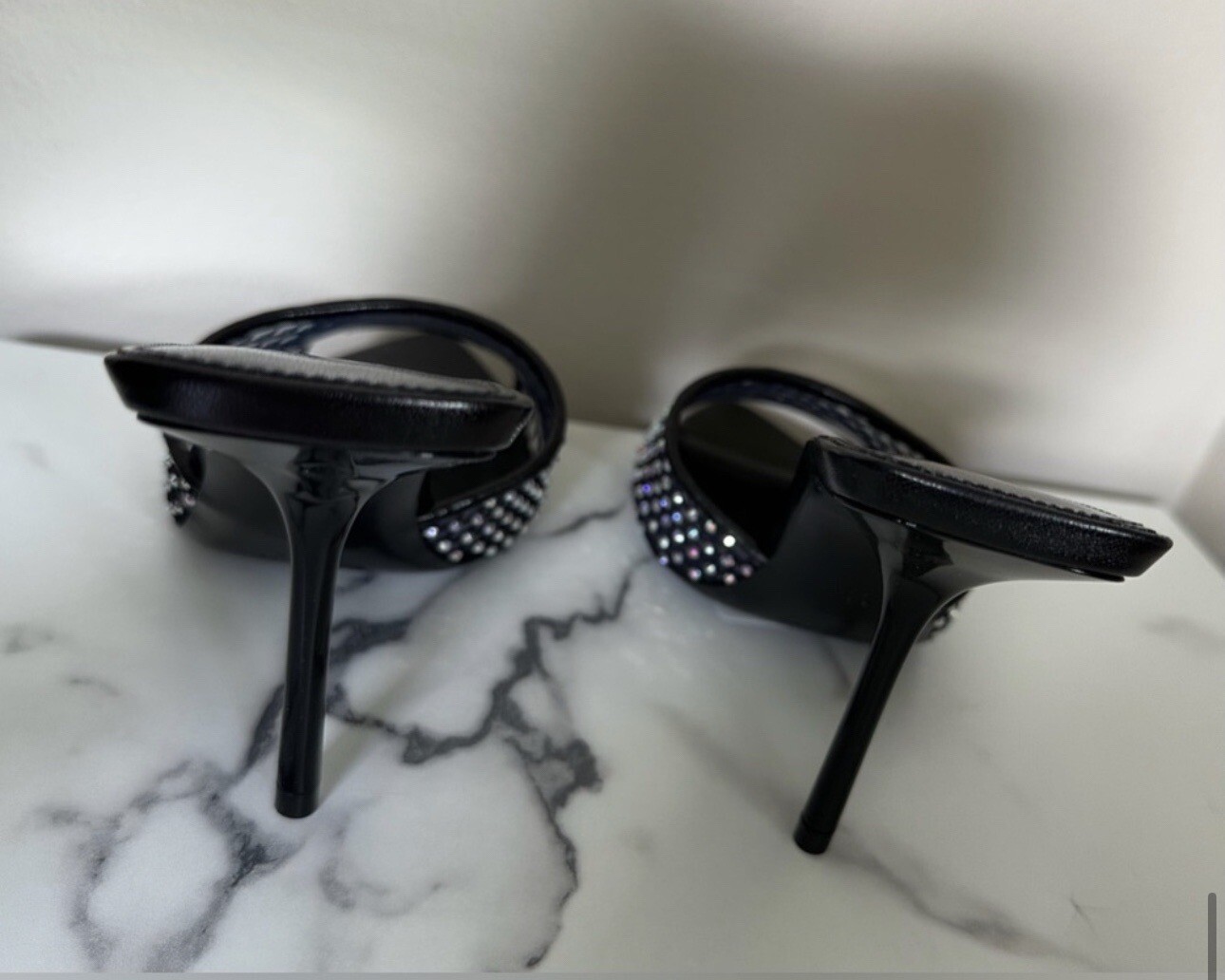 SAINT LAURENT Disco crystal-embellished mesh, PVC and leather mules