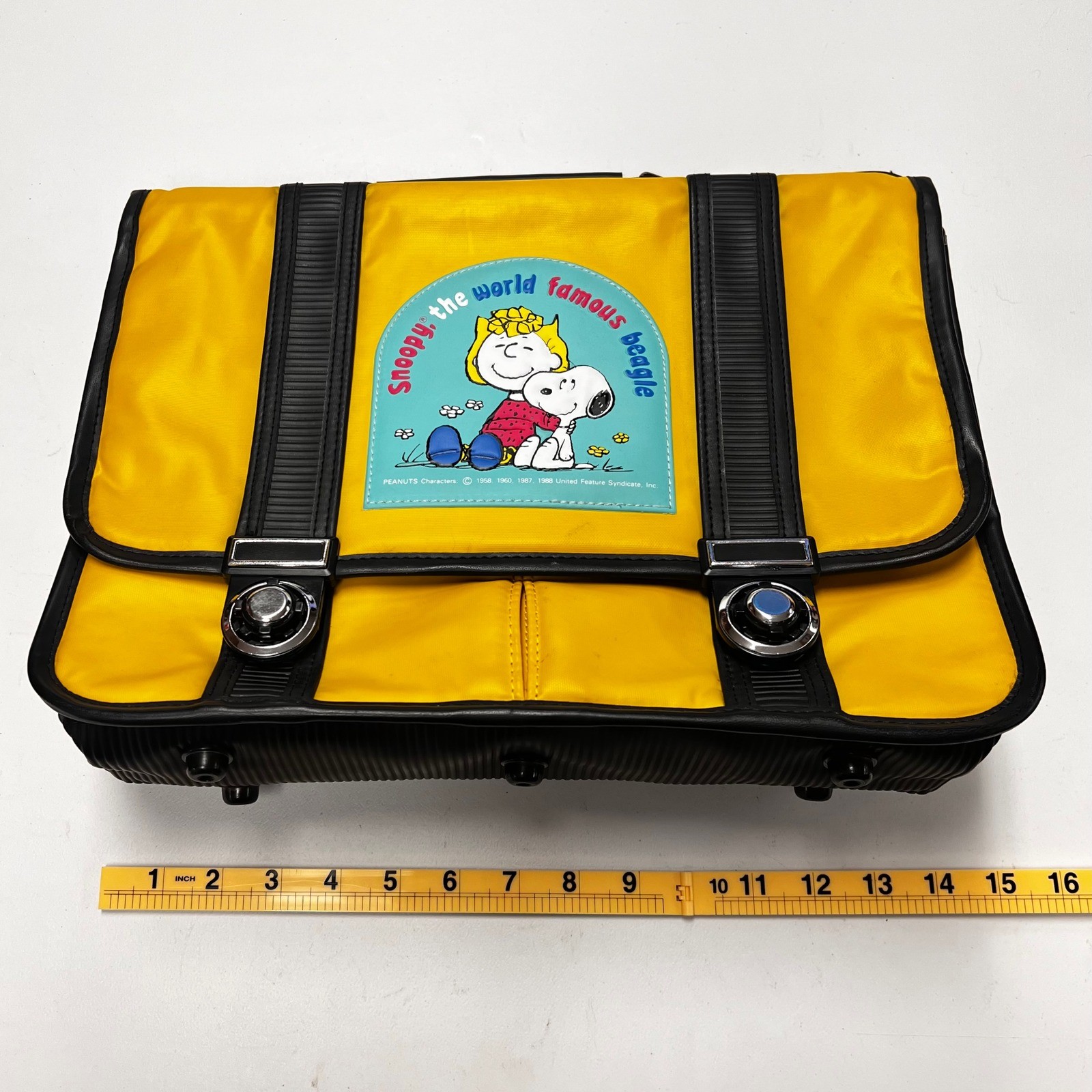 1988 Vintage Snoopy Sally Peanuts Backpack Briefcase Yellow Nylon Kids Japan