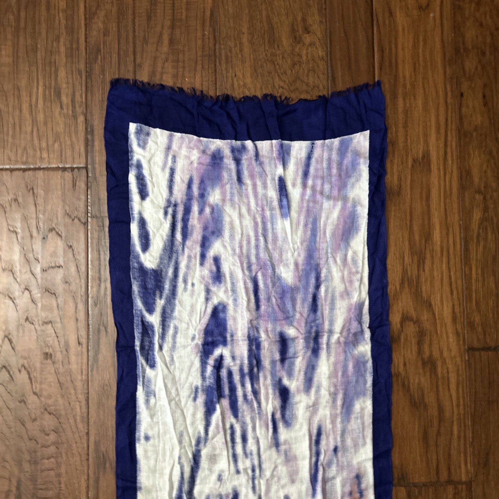 Blue Purple And Red abstract Ty Dye pattern semi-sheer long scarf fringe ends.