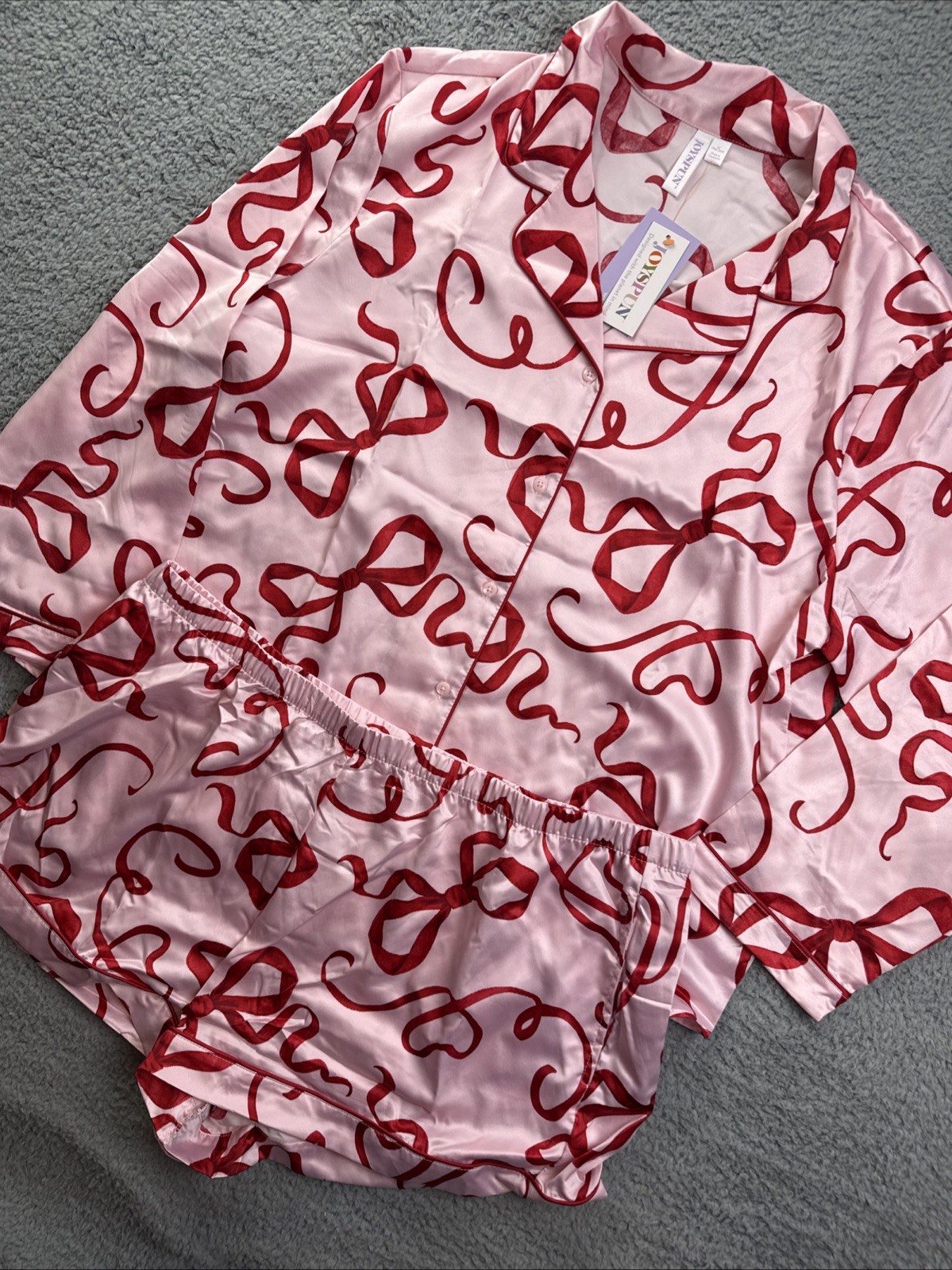 JoySpun Womens Plus Size 2X 18W/20W Pink Ribbons Satin Top & Shorts Pajama Set