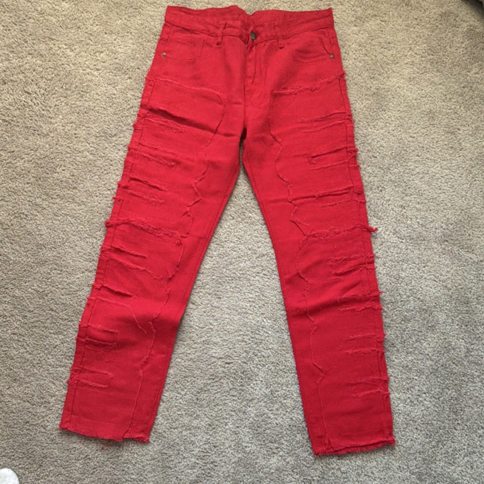 Red Distressed Skinny Jeans L Cotton Blend Denim 5-Pocket Design Solid