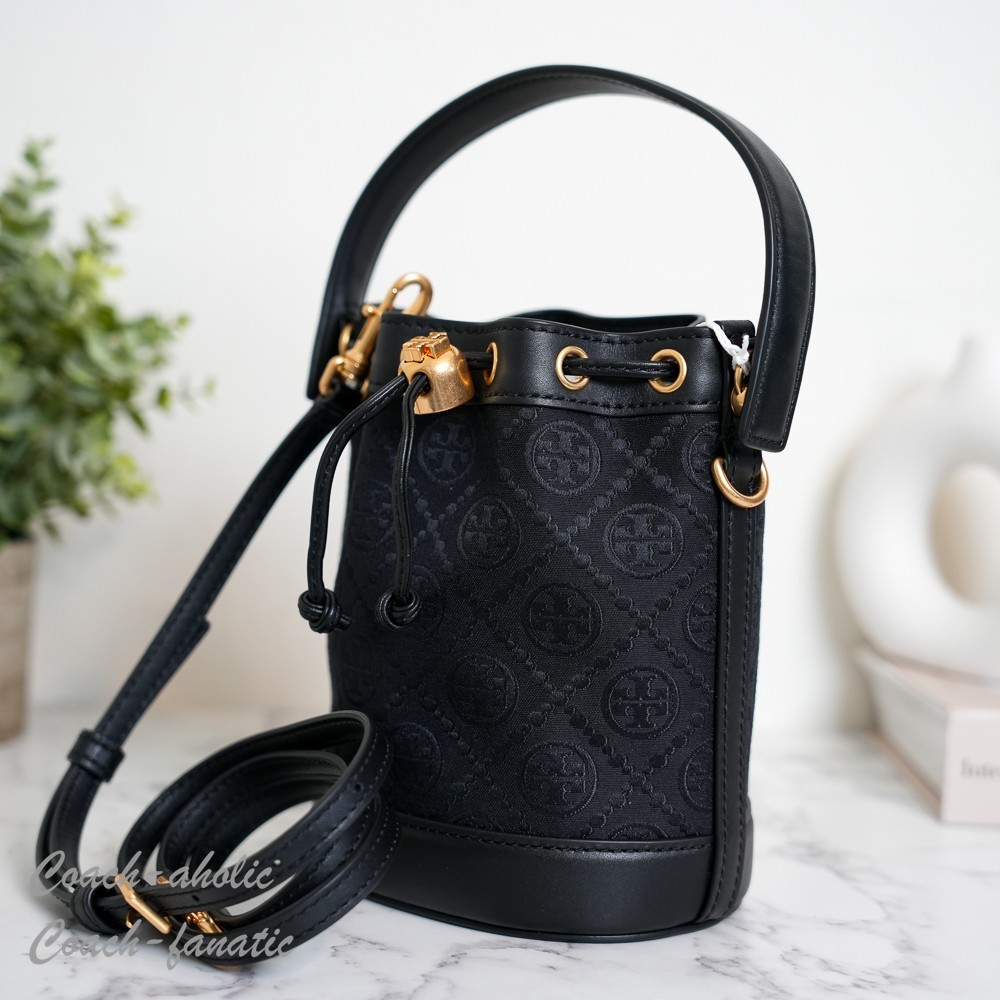 Tory Burch T Monogram Mini Bucket Bag Crossbody in Black NWT