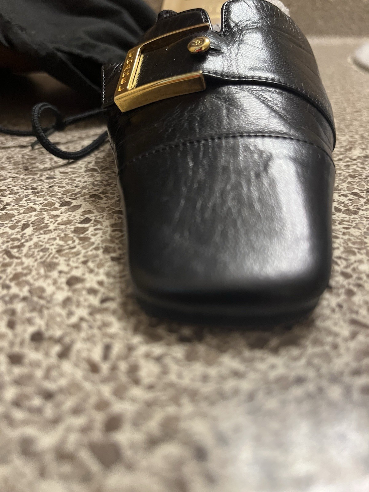 Vtg Chanel Black Leather Logo Buckle Mule Heels 35 1/2