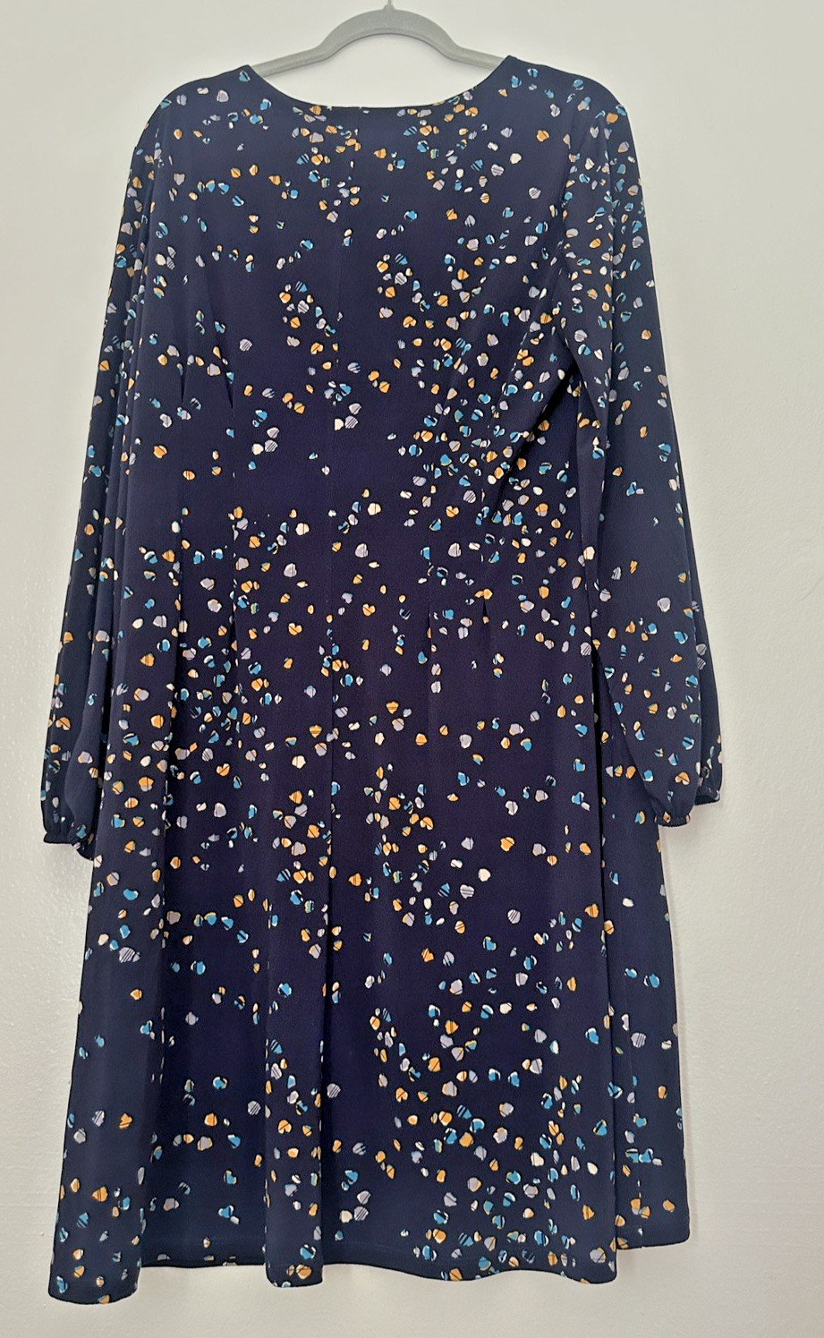 London Times Abstract Print Key Hole Long Sleeve Tucked Dress Size 16 Navy