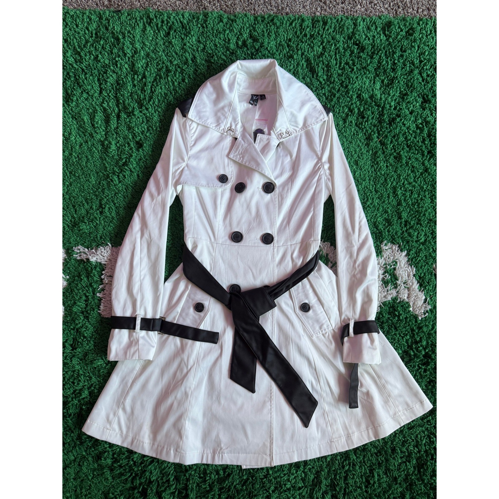 Windsor White Trench Coat Black Contrast Lace Up Back Double Breasted Small