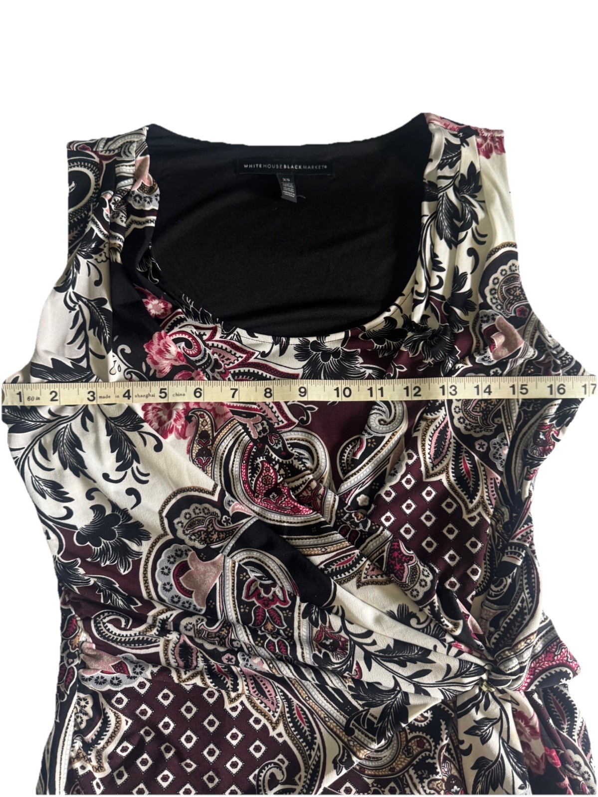 White House Black Market Chic Paisley Faux Wrap Top Burgandy Black White XS