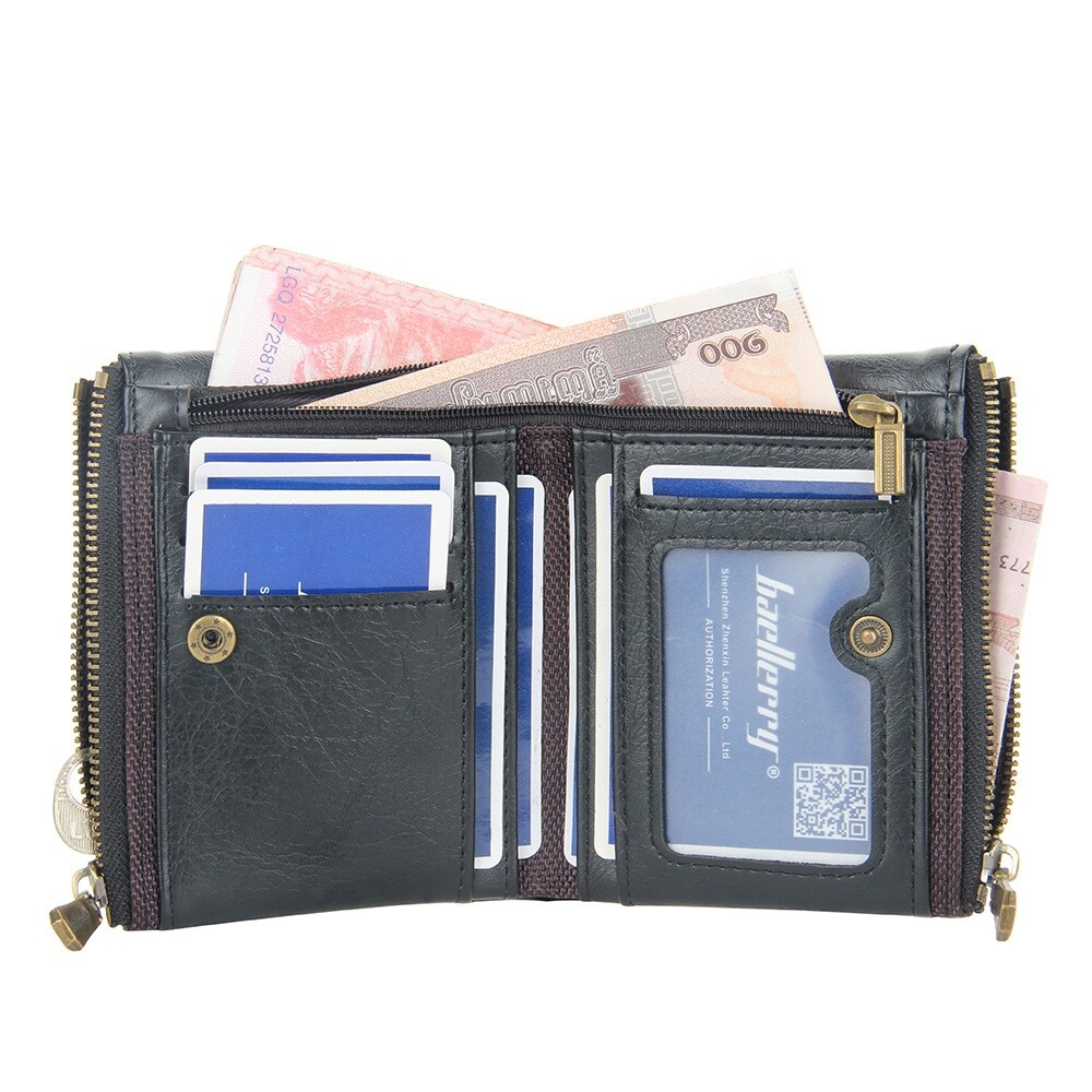 Men Men’s C2 Leather Wallet with Chain ID Credit Card Holder Double Zipper Coin