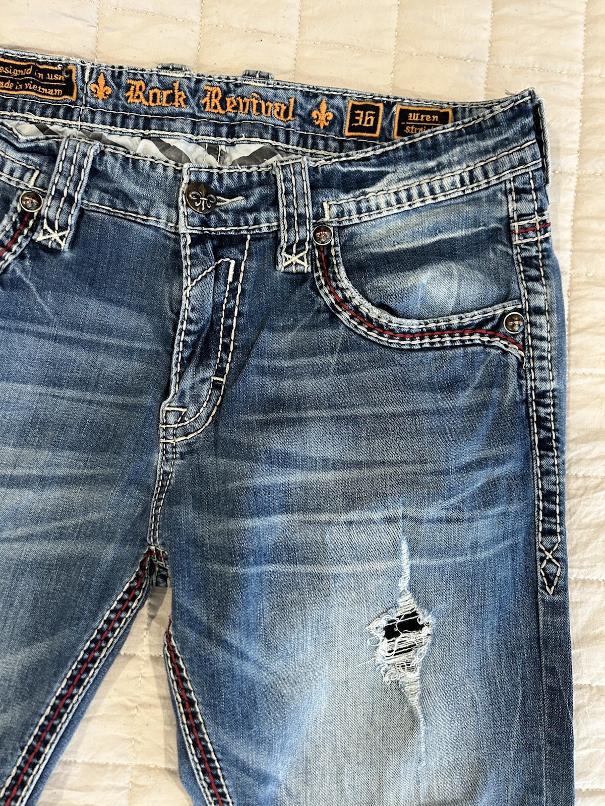 Rock Revival Men’s Blue Medium Wash Straight Fit Distressed Denim Jeans 5-Pocket