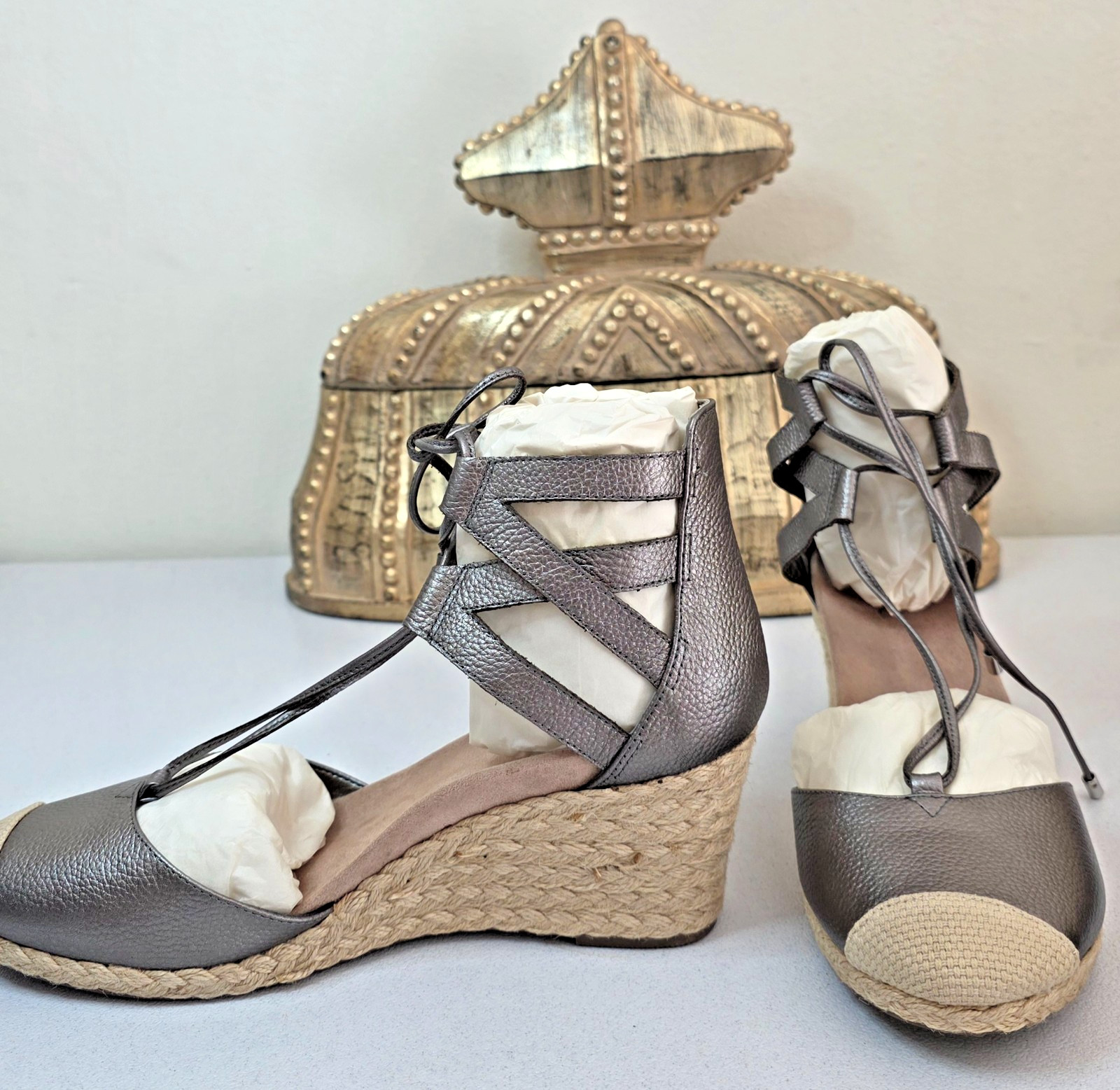 VIONIC Aruba Calypso Orthotic Lace Up Espadrilles Wedge Pewter Size 9 NEW IN BOX