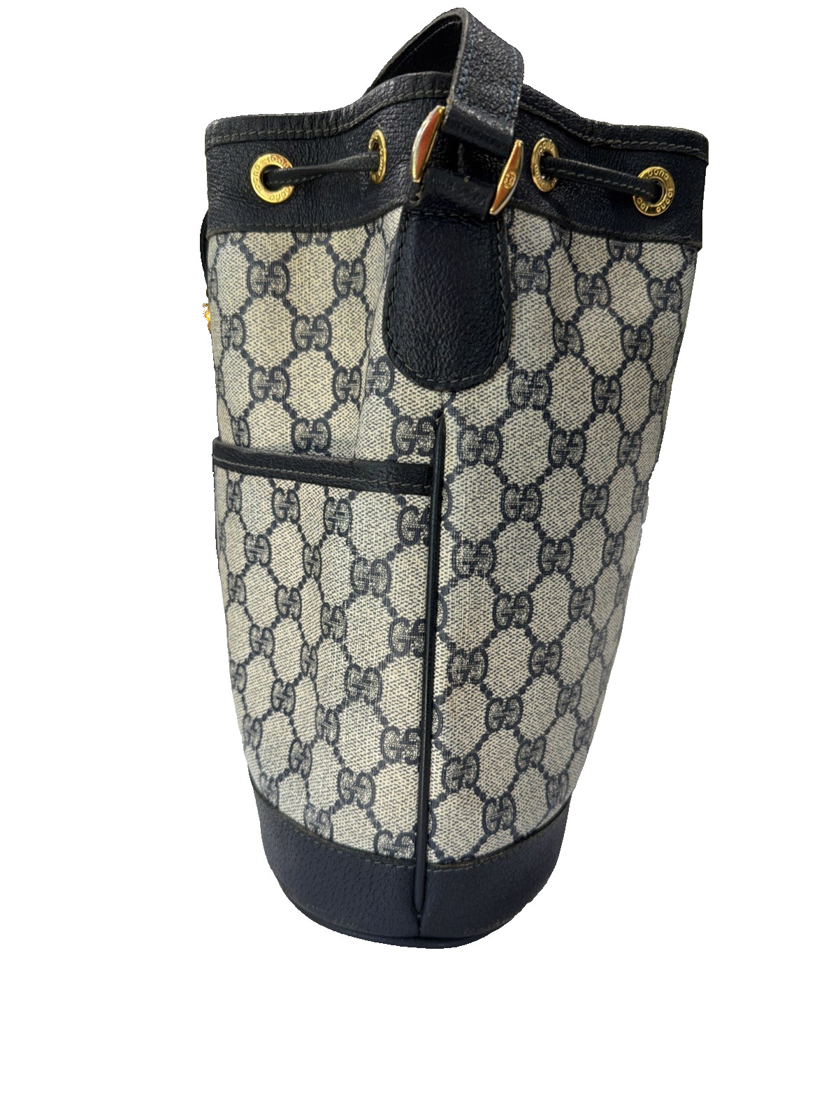 Vintage GUCCI Navy Blue GG Monogram Supreme Drawstring Bucket Bag Shoulder Purse