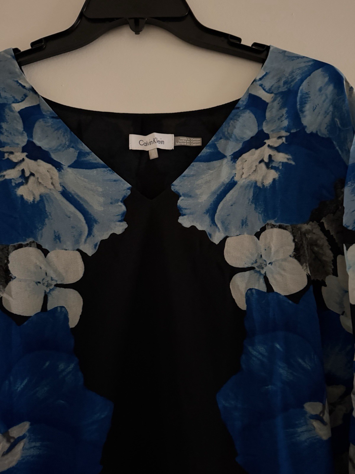 Calvin Klein Plus Size 1X Black Blue Floral Chiffon Blouse Bell Sheer Overlay
