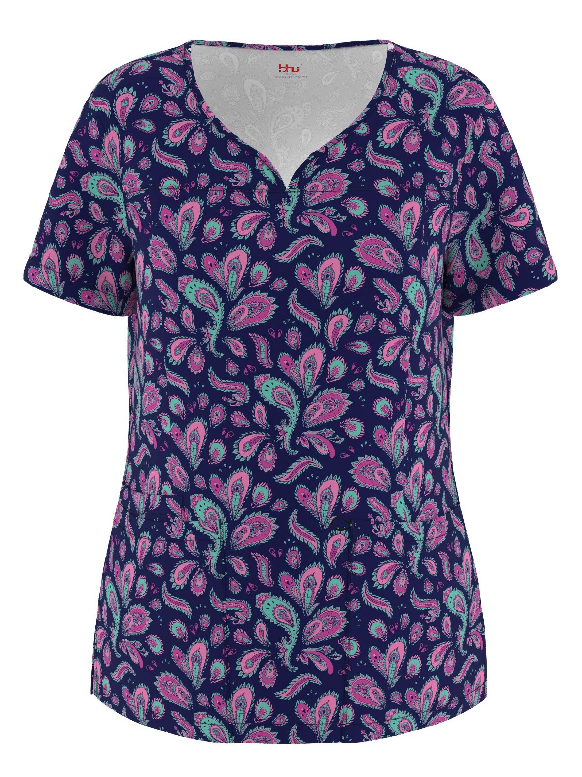 Women’s 4 Way Stretch Notch Collar Printed Scrub Top Sizes XS S M L XL 2XL NWT