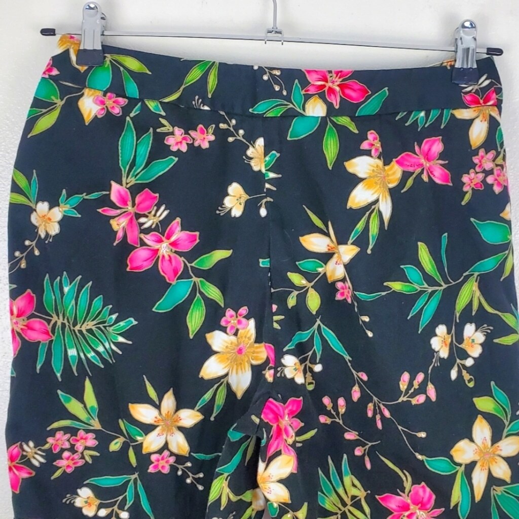 Rafaella Black Floral Print Pants | Size 10 / Straight Leg | Bright Bold