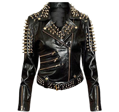 Women Black Plain Studded Leather Jacket Spike Belted Studs Zipper Brando Pocket
