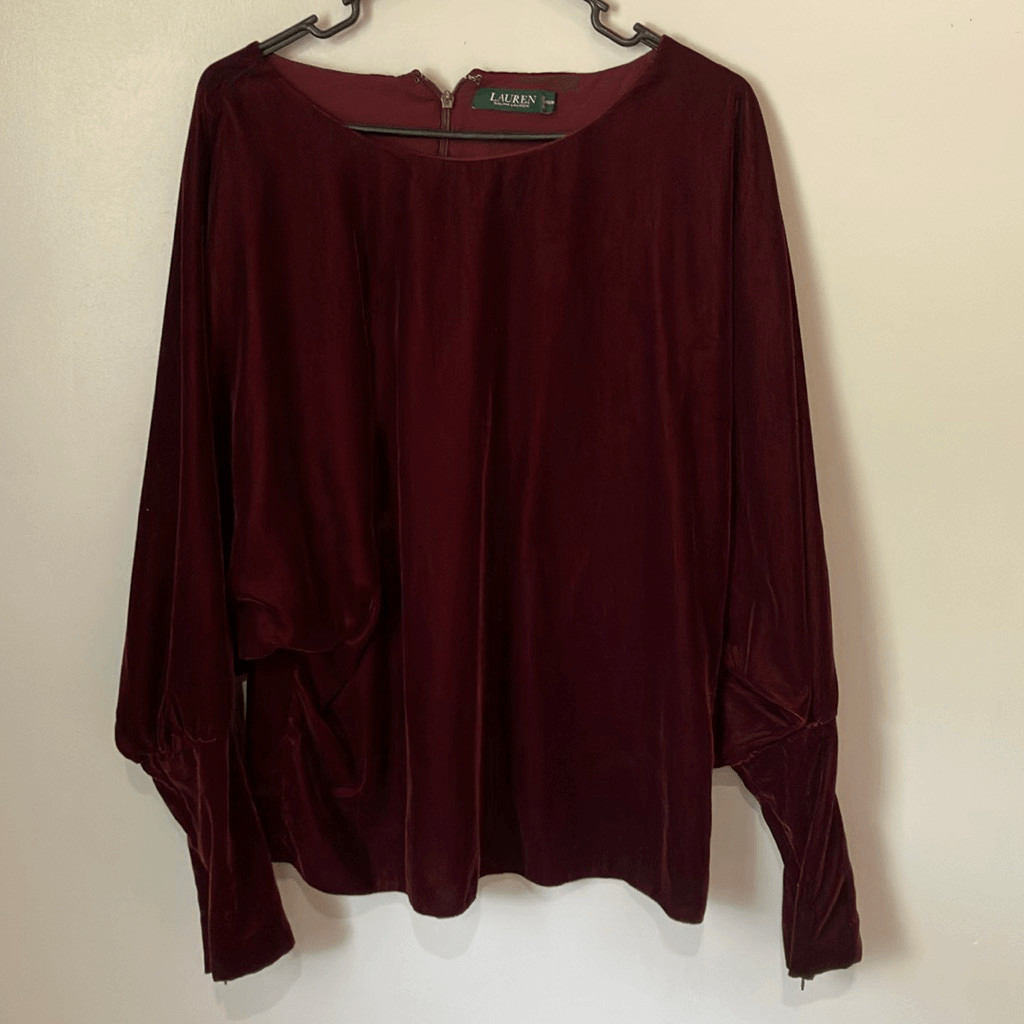 Lauren Ralph Lauren Burgundy Dolman Sleeve Velour Long Sleeve Top LRG #784