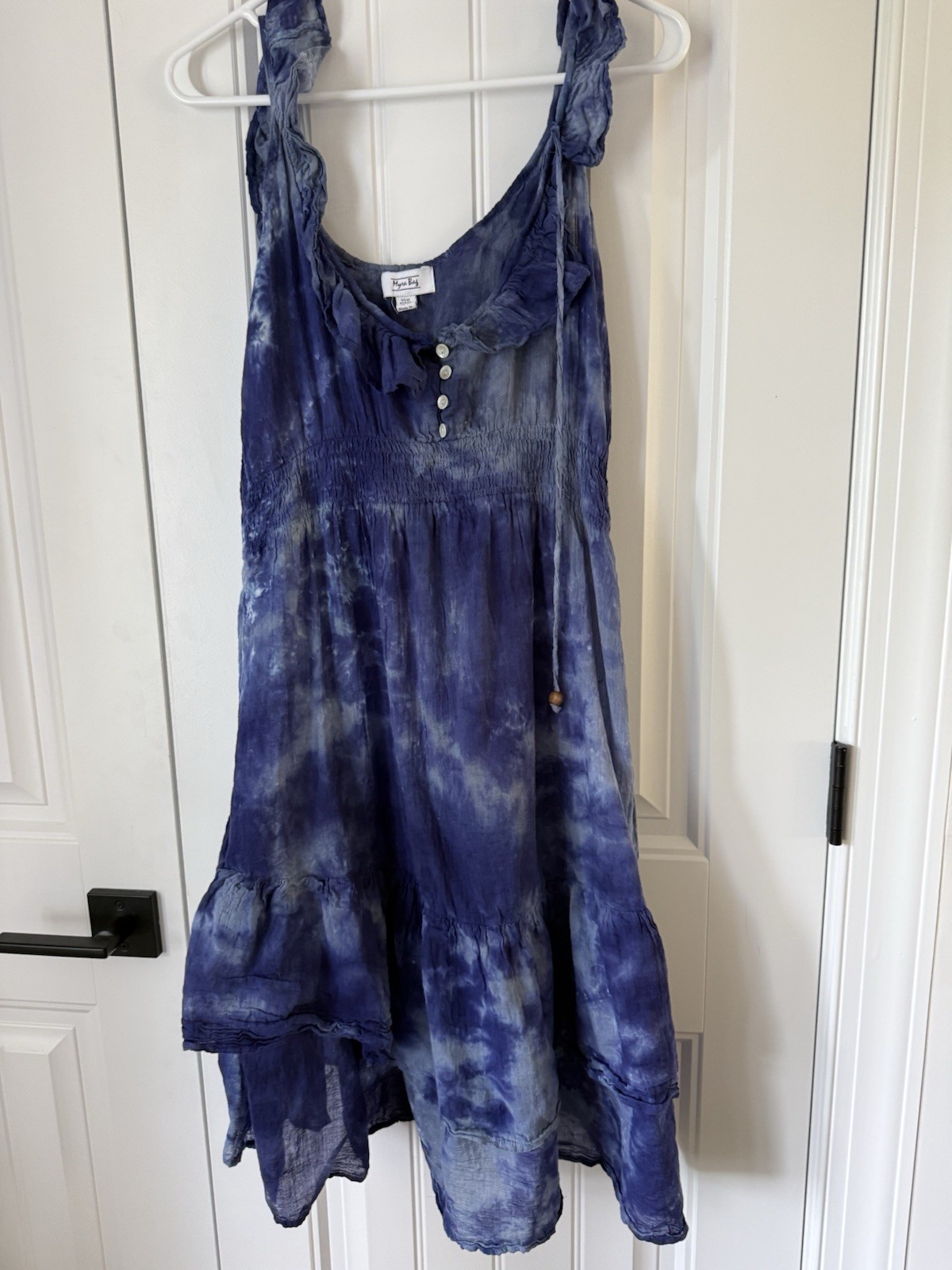 Myra Bay Blue Tie Dyed Gauzy Ruffle Hem Dress Size M Smocked Waist Boho