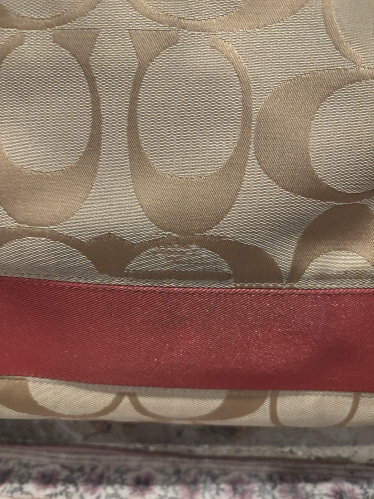 Coach Signature beige & pink logo crossbody bag w/ zip, adjustable strap, charm