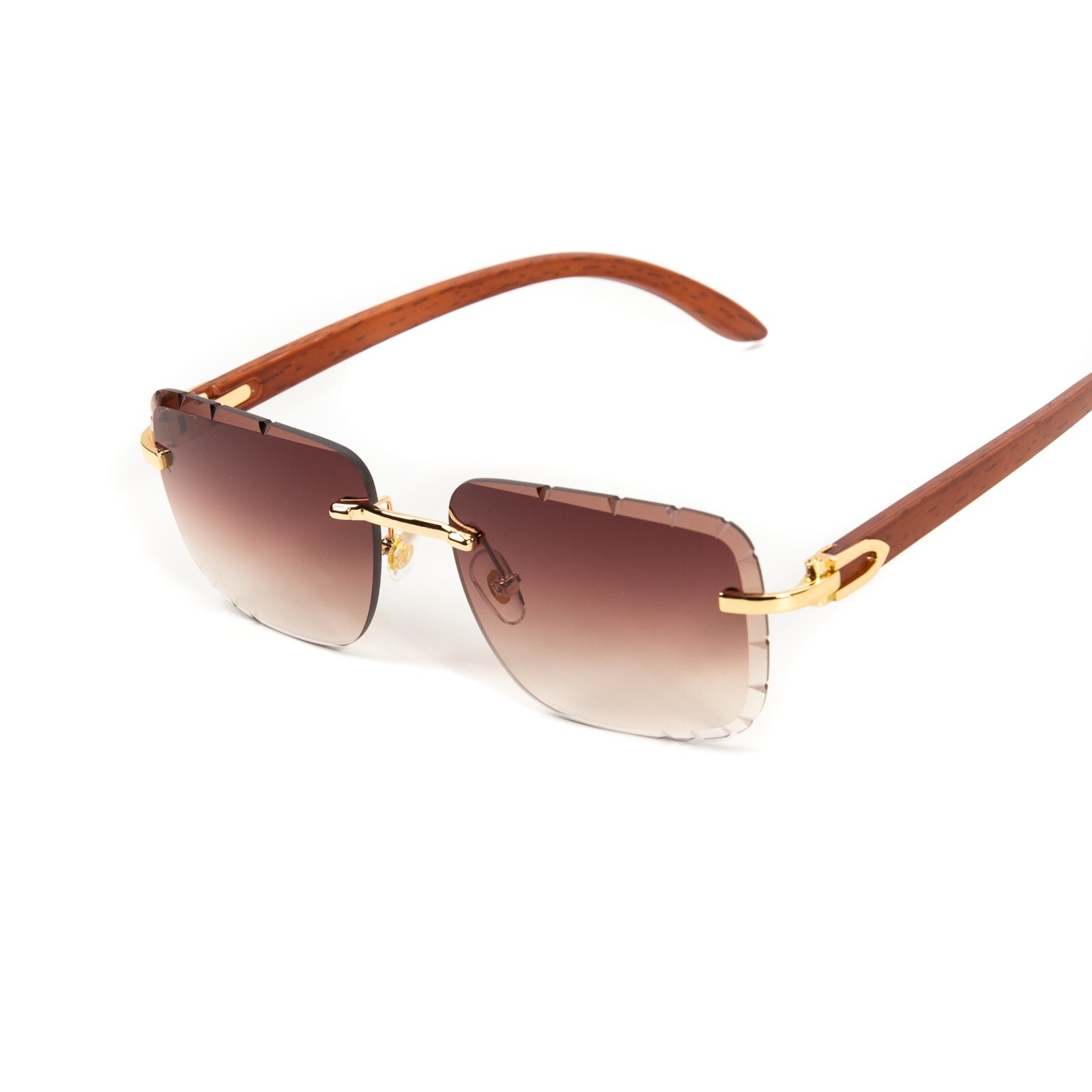 Burgundy Gradient Tint Rimless Gold Frame Woodgrain Men’s Diamond Cut Sunglasses
