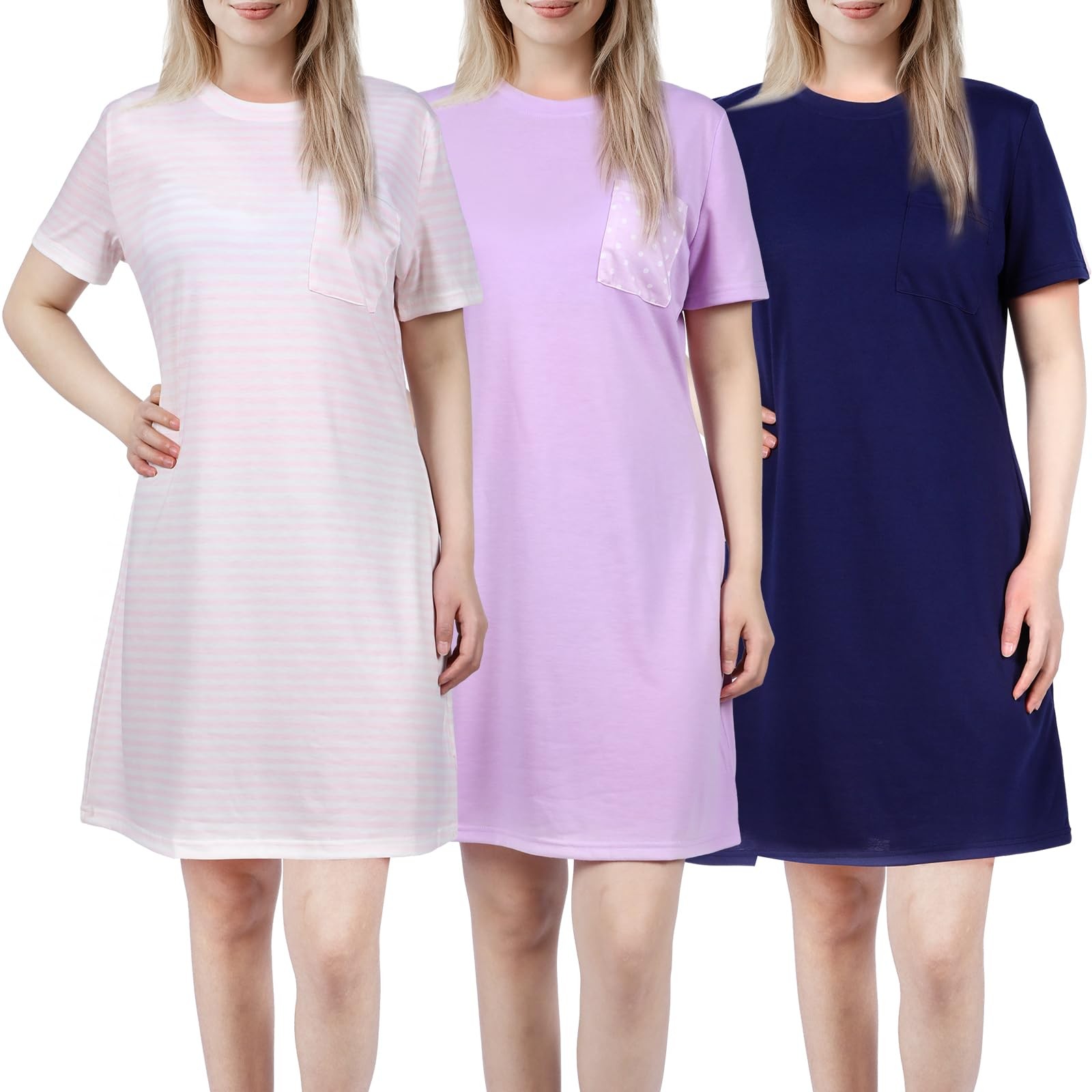 3 Pack Women’s Short Sleeve Cotton Blend Nightgown (XL, Classic Style)