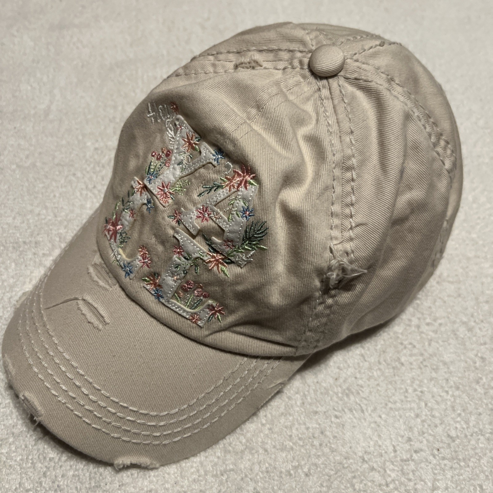 Kbethos VIntage Hey Yall Hat Distressed Cap Ball Adjustable Beige Floral Stitch