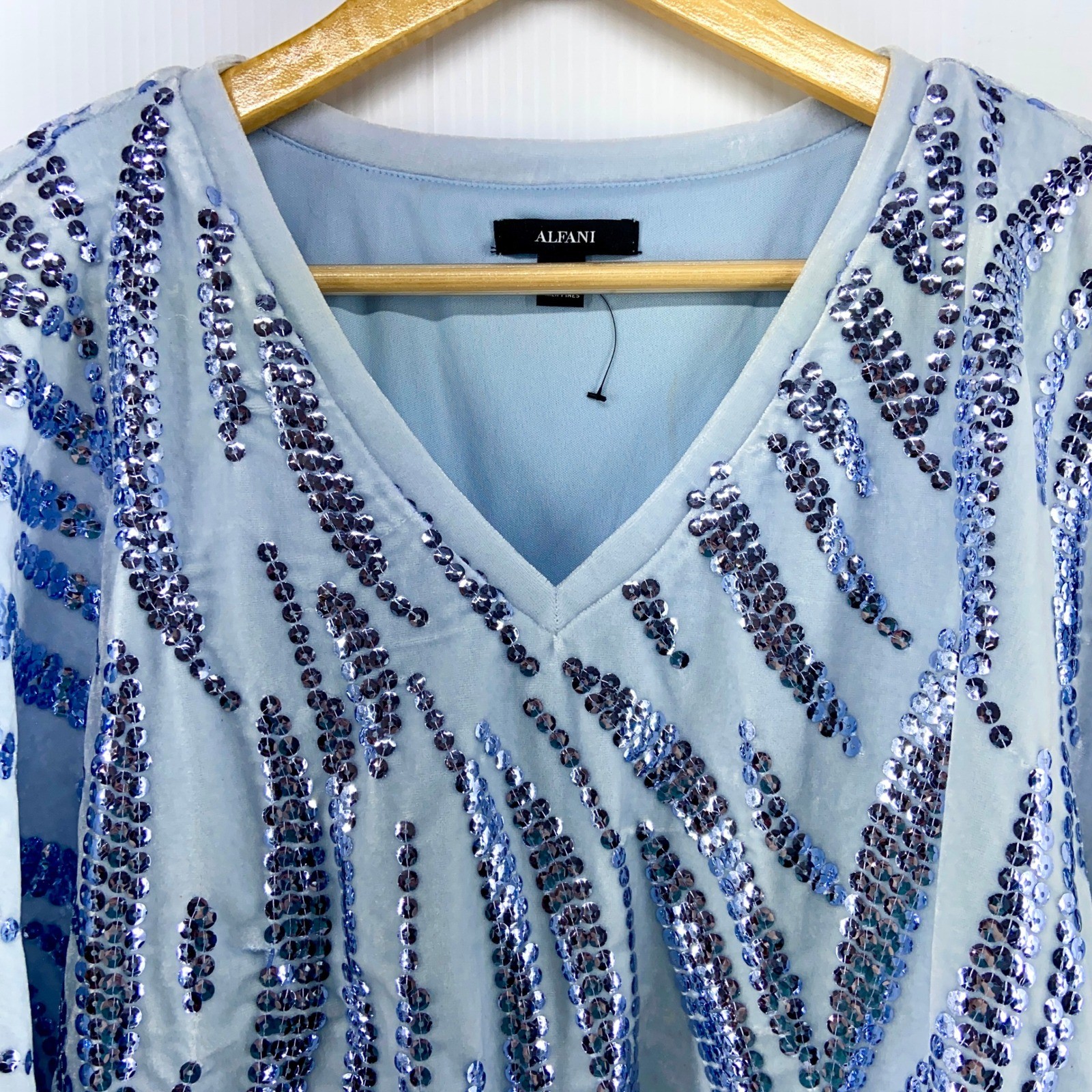 Alfani Light Blue Velvet Sequin V Neck Dolman Sleeve Top Womens Small