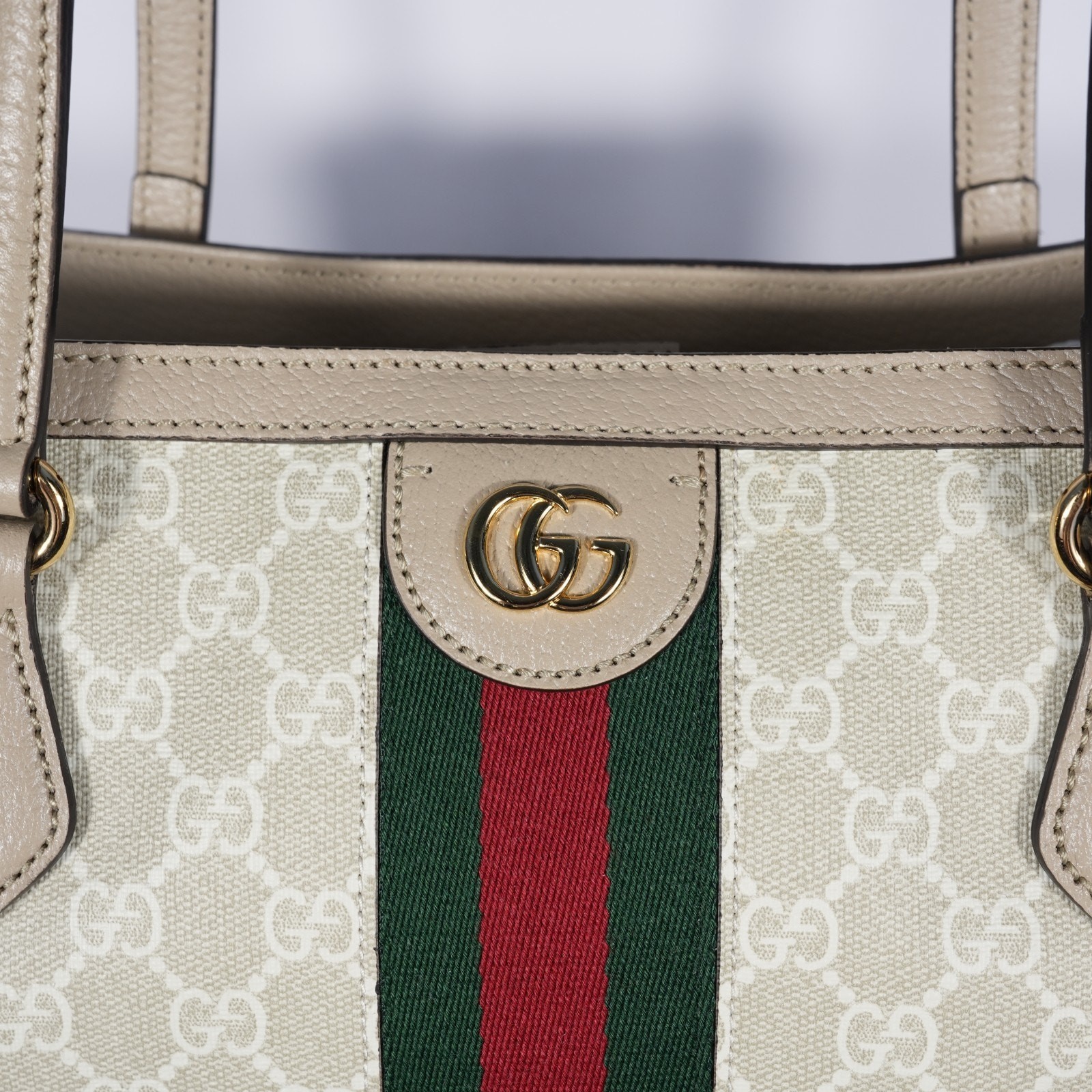 Gucci GG Supreme Monogram Dollar Calfskin Web Medium Ophidia Tote Beige Leather