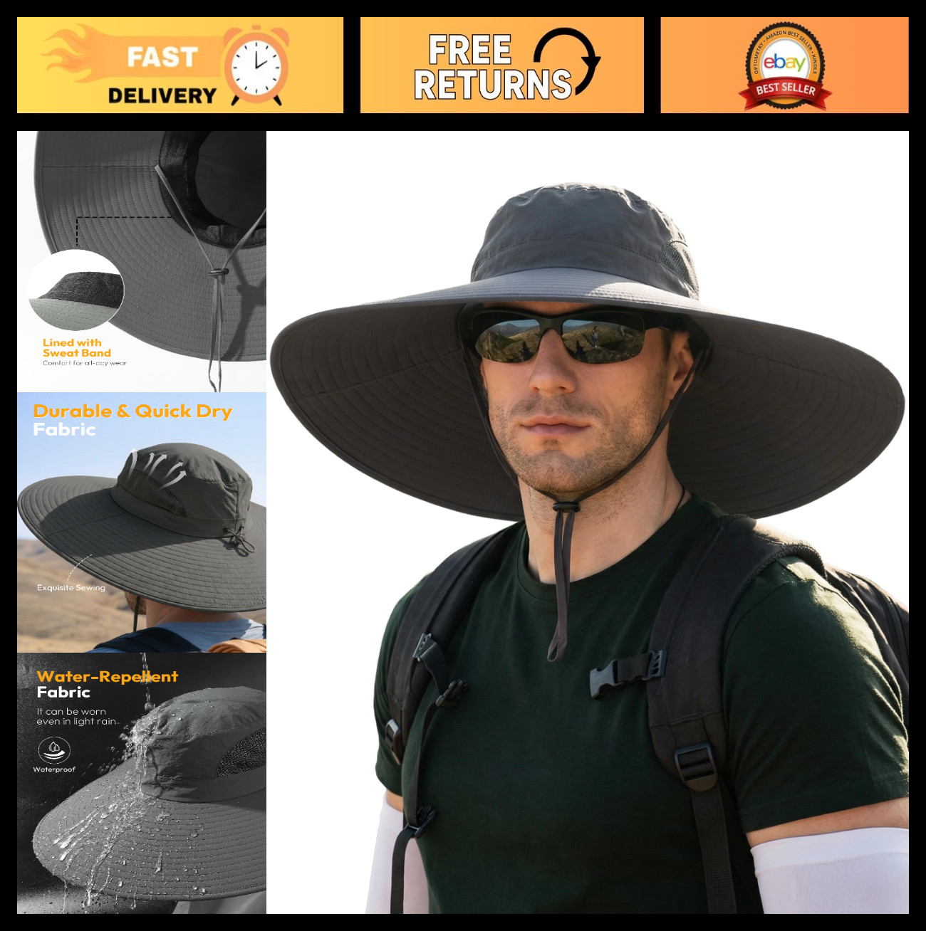 Men’s Waterproof Sun Hat – Super Wide Brim, Breathable Bucket Hat for Fishing, H