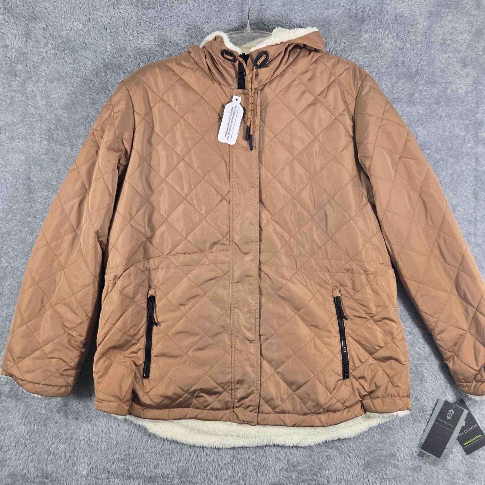 Free Country Womens Quilted Sherpa Lined Hooded Jacket Camel XL New