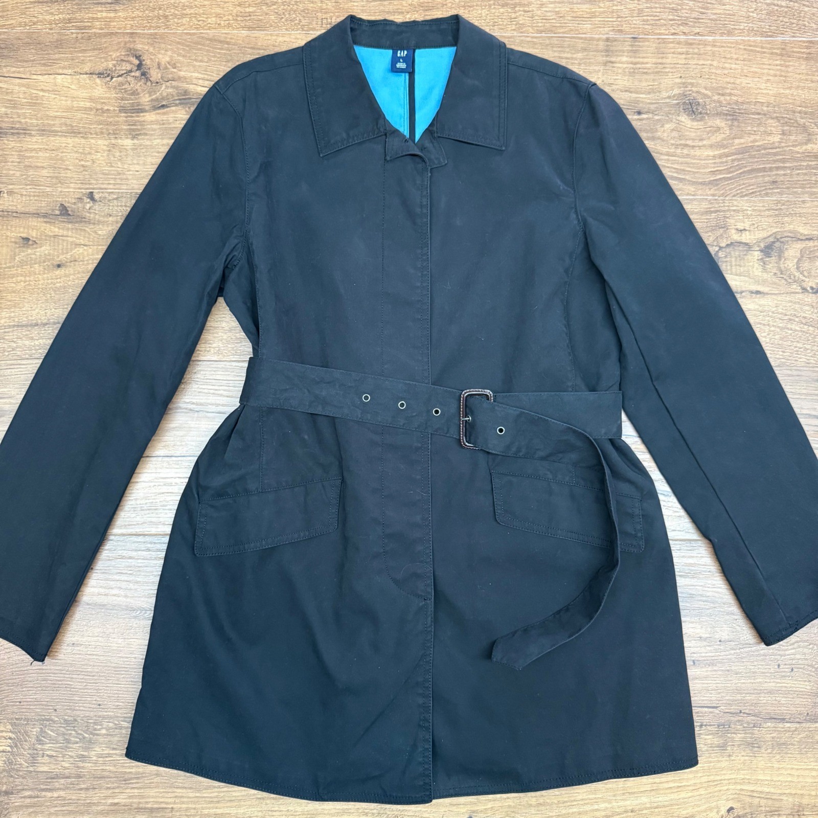 GAP Y2K Womens L Black Belted Trench Coat Midi Duster Cotton Canvas Utilitarian
