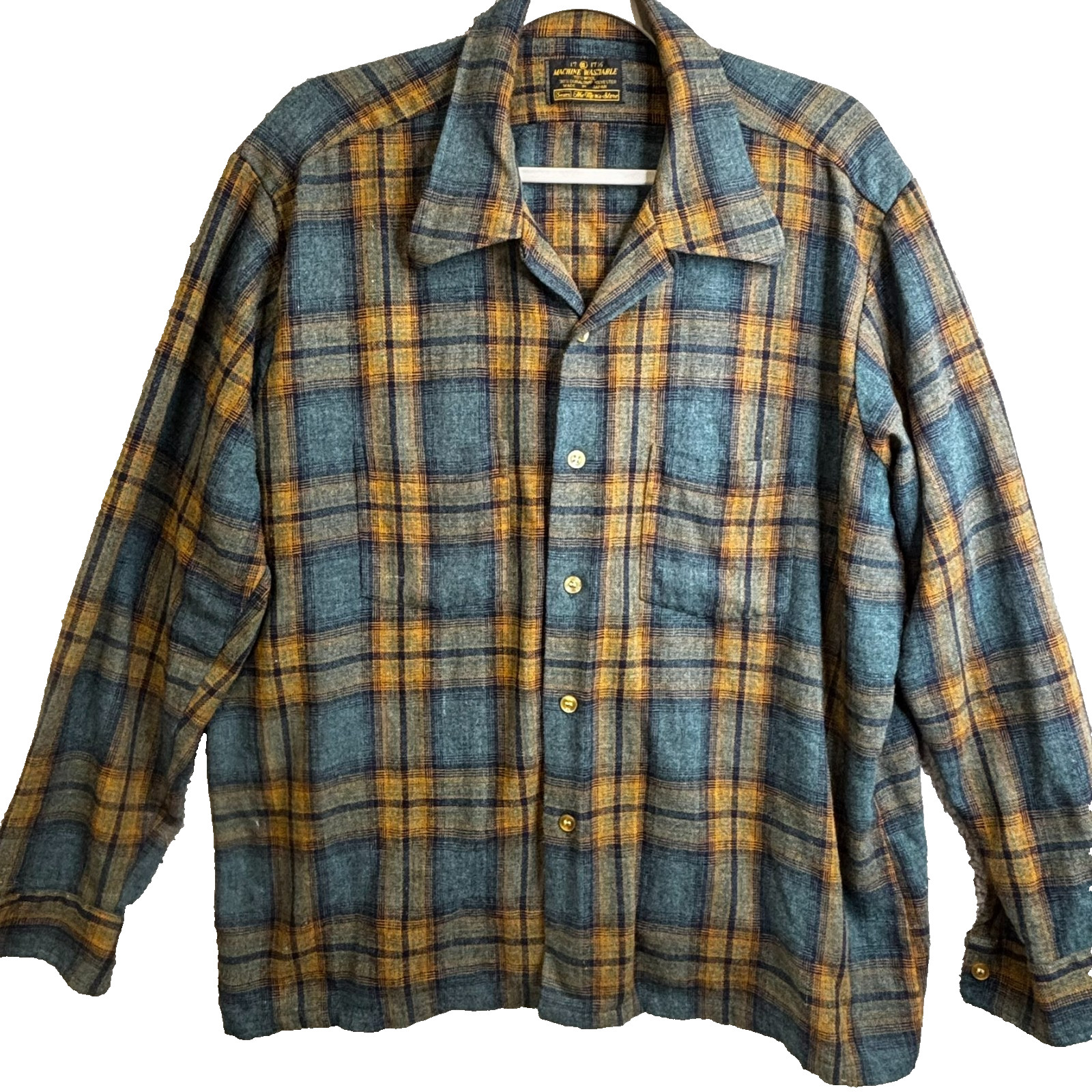 Vintage 60s/70s Sears Flannel Plaid Shirt Mens XL Blue/Orange Japan Loop Collar