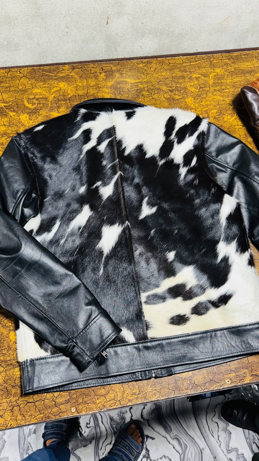 Genuine Cowhide Leather Jacket Black White Hair On Hide Biker Motorcycle Zip Coa