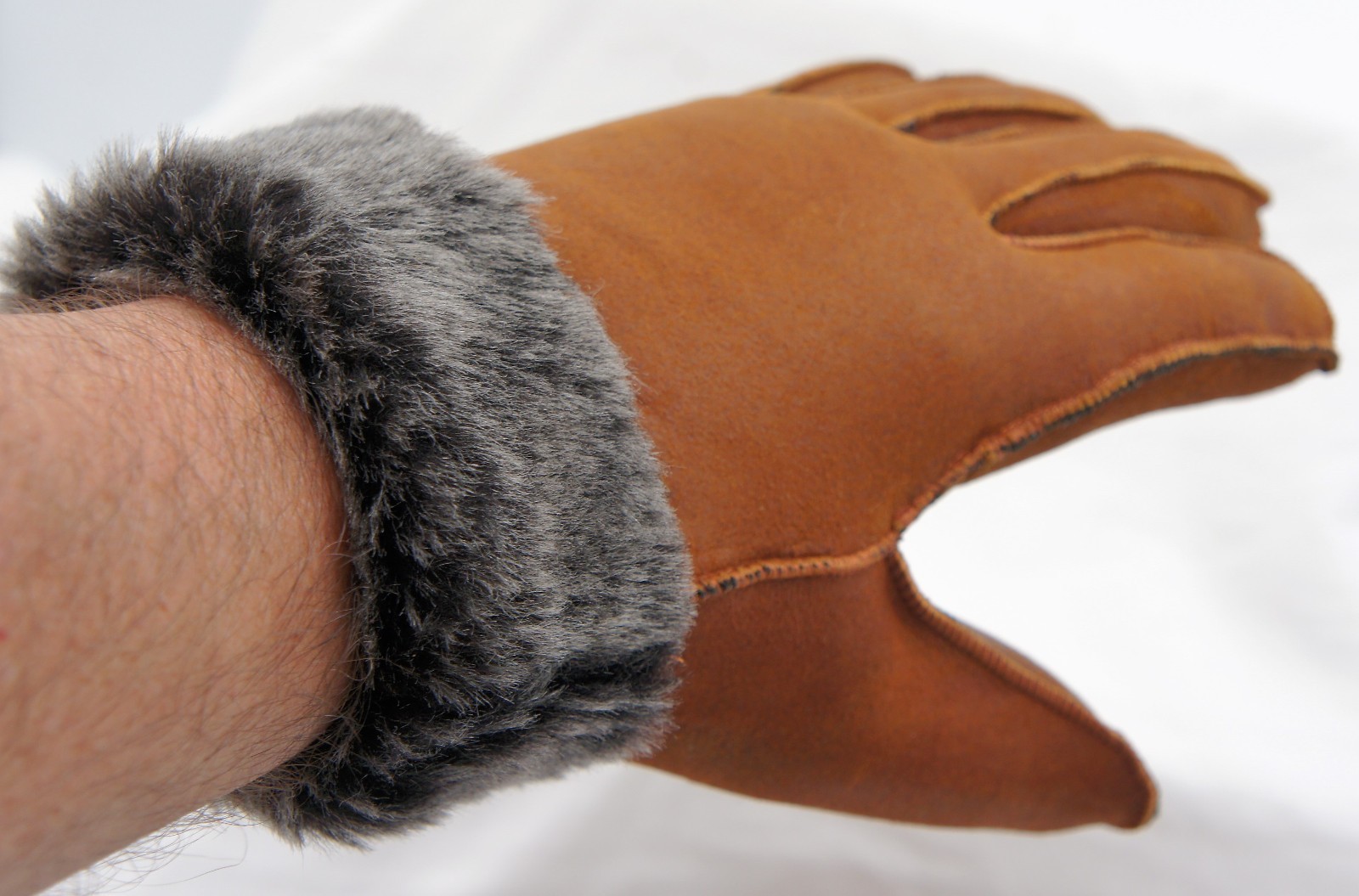REAL GENUINE SHEEPSKIN SHEARLING LEATHER GLOVES UNISEX, COGNAC BROWN / ASH S-2XL