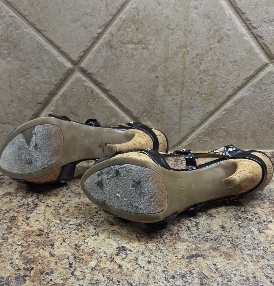 Guess Black Patterned Slingback Cork Stilettos Size 6.5 Gently Worn