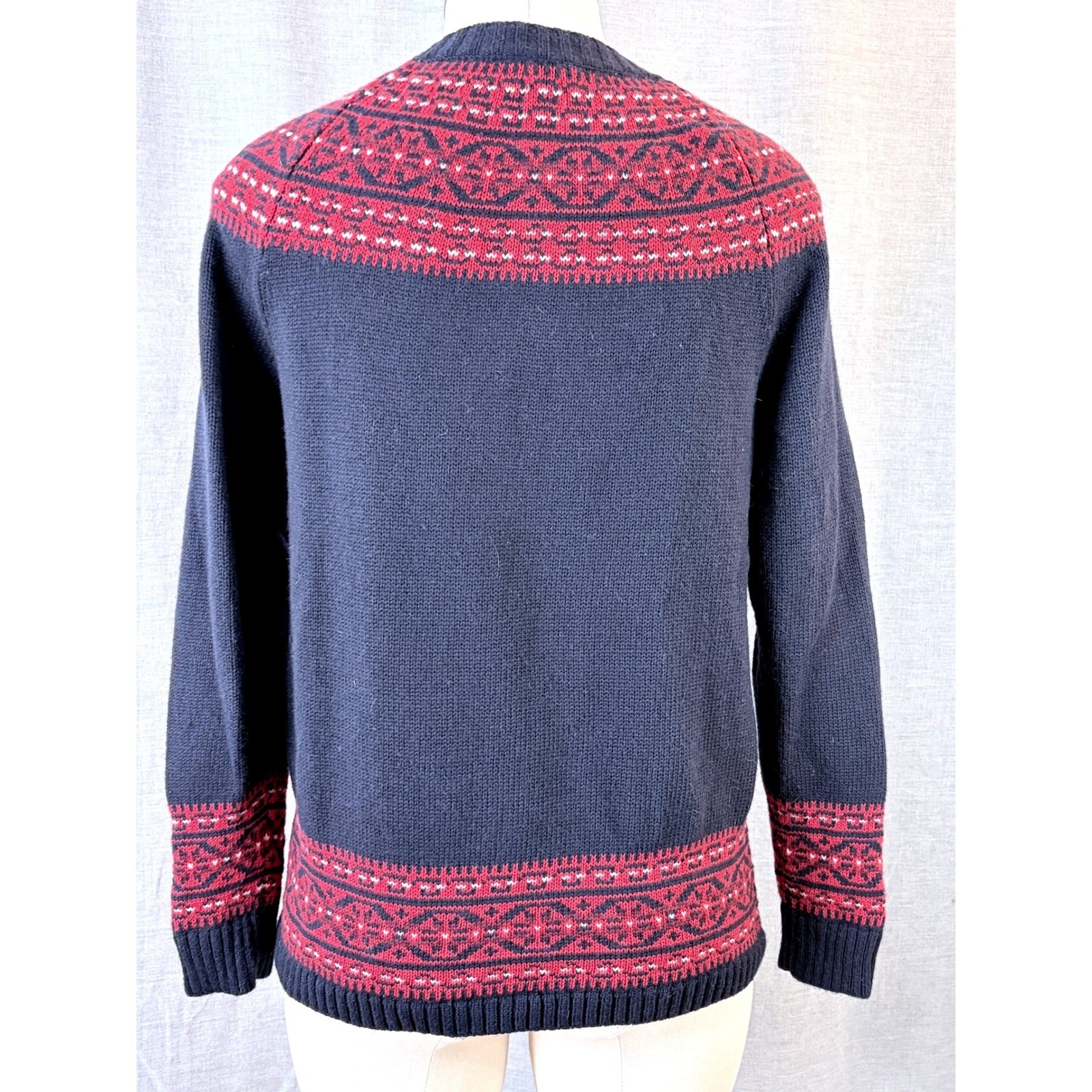 Talbots Fair Isle Knit Cardigan Navy Red White Yoke Nordic Pattern Petites MP