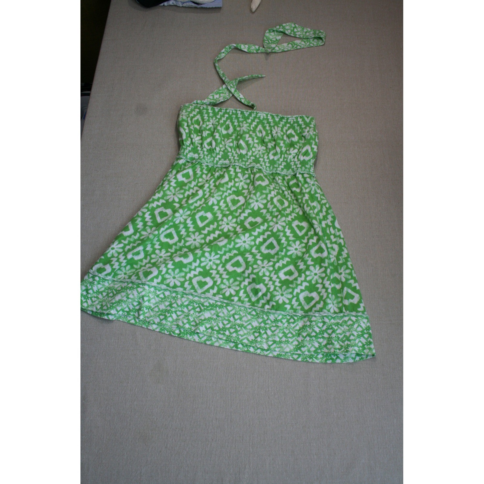 Wear It Declare It Green White Heart Ikat Smocked Halter Top Large Babydoll Boho