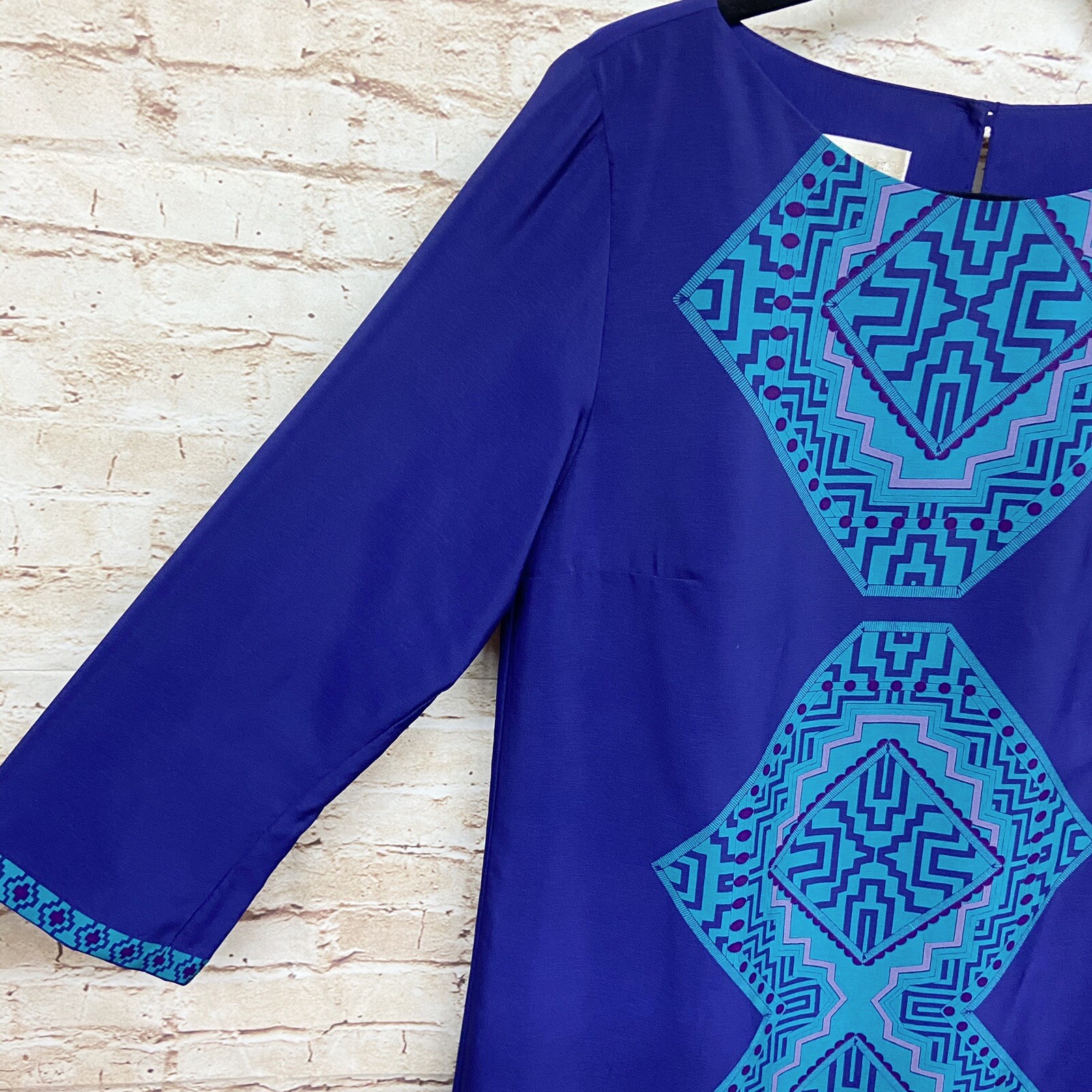Britt Ryan Womens Shift Dress Size 8 3/4 Sleeve 100% Silk Geometric Purple