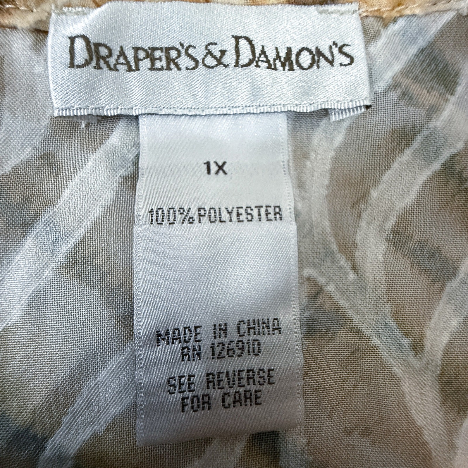 Draper’s & Damon’s 1X Sheer Button Blouse Brown Beige Abstract Tiger Stripe Top