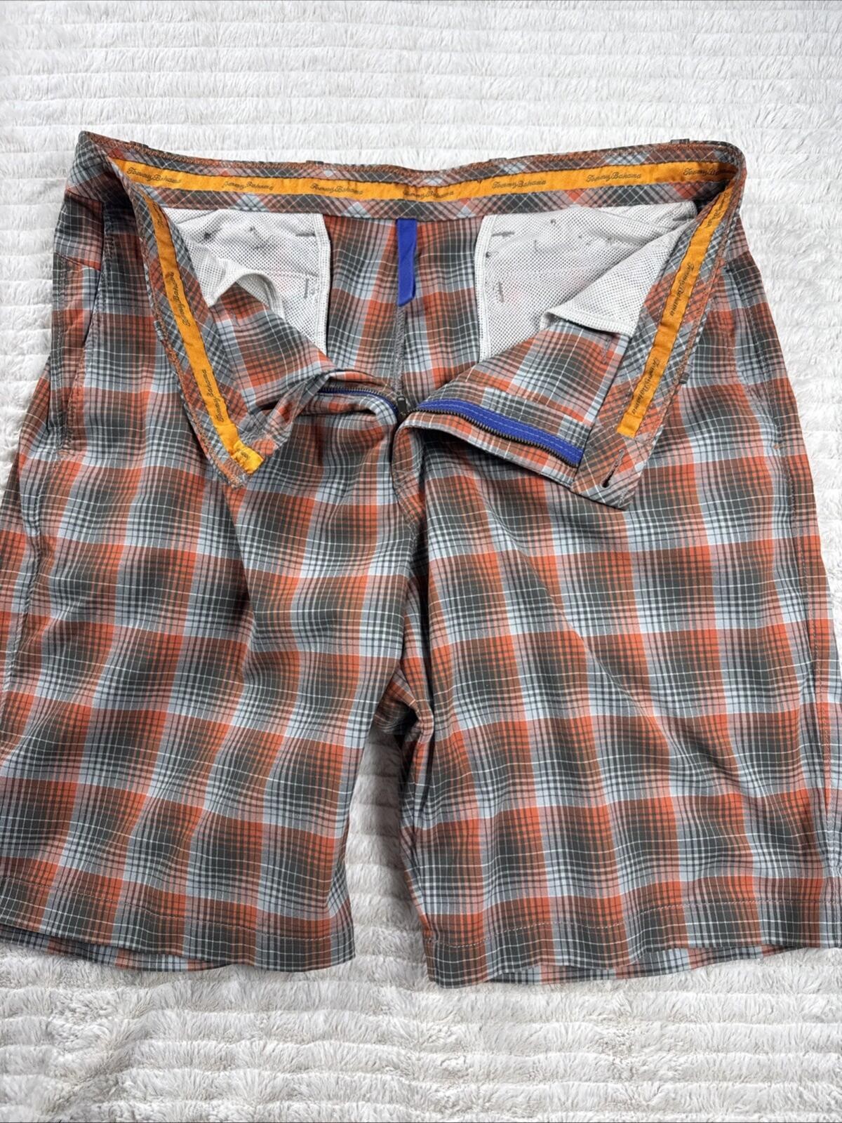Tommy Bahama Paradise Tech Men Size 39×9” Orange Plaid Performance Shorts Mesh