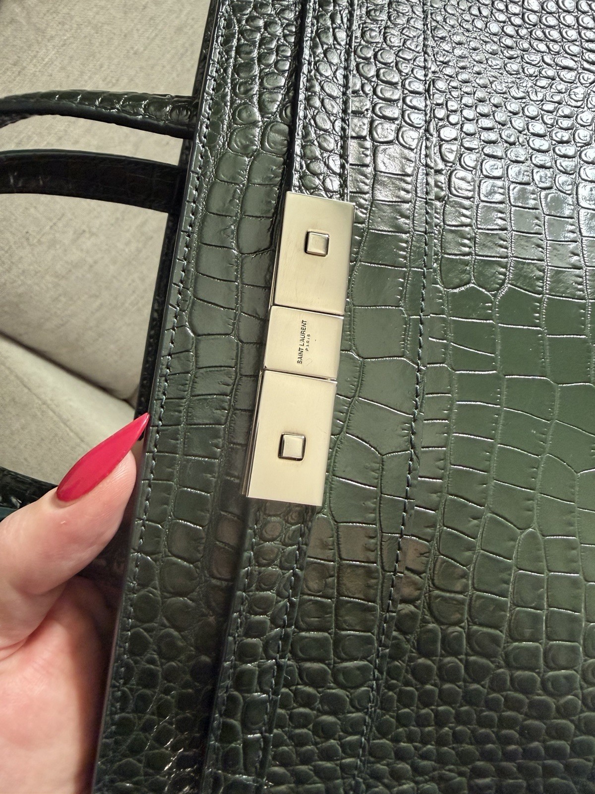SAINT LAURENT Small Manhattan Green Silver Embossed Leather Bag Shoulder Strap