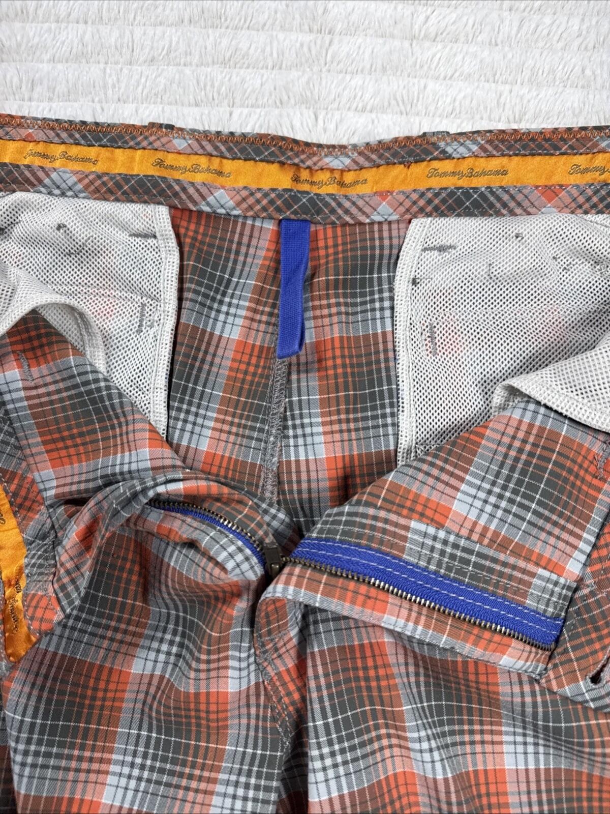 Tommy Bahama Paradise Tech Men Size 39×9” Orange Plaid Performance Shorts Mesh