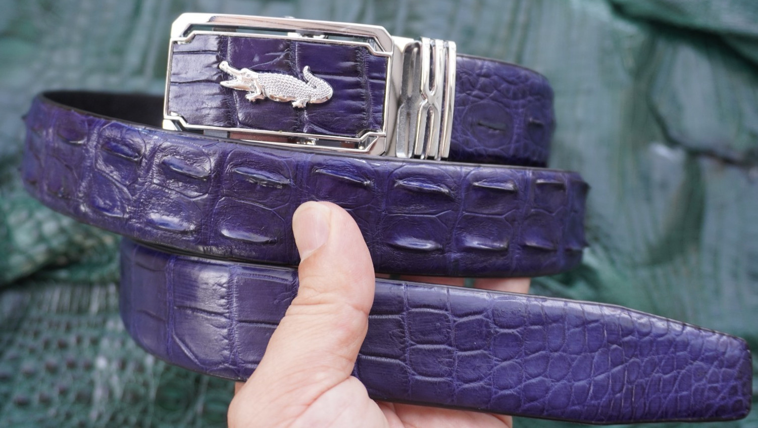 W 1.3 inch – Blue Real CROCODILE Hornback LEATHER Skin Men’s Belt #P36