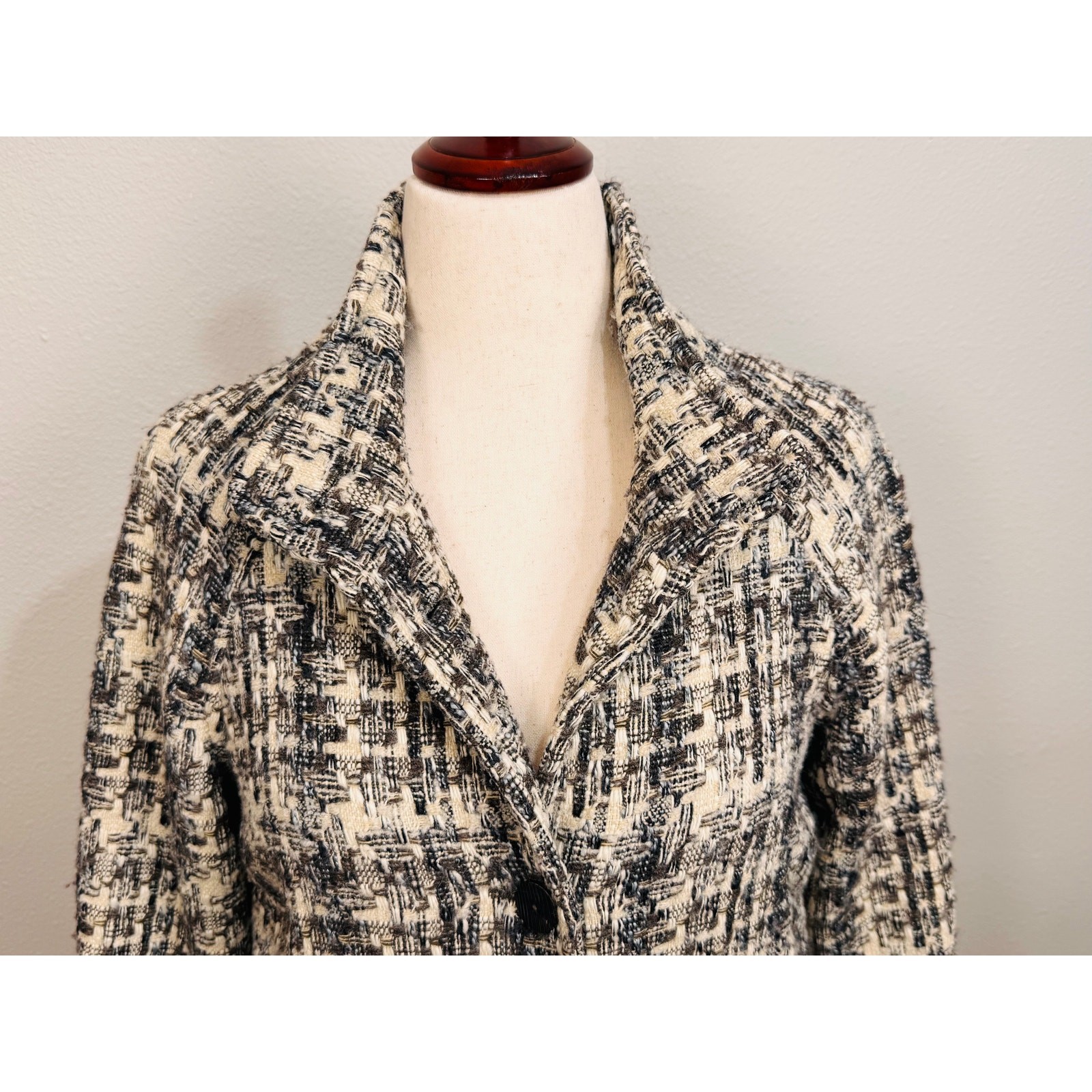 Vintage J. Jill tweed wool blend swing coat lined pockets cream gray long sz SP