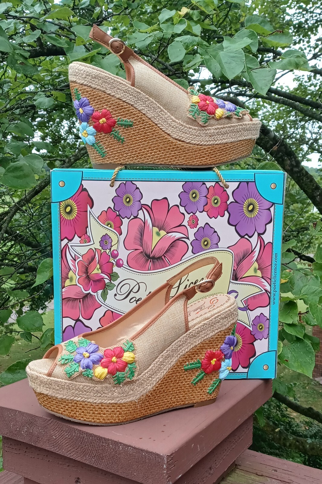 Poetic Licence 8.5 Sandals Natural Petal Pusher Floral Fabric Leather Wedge Shoe