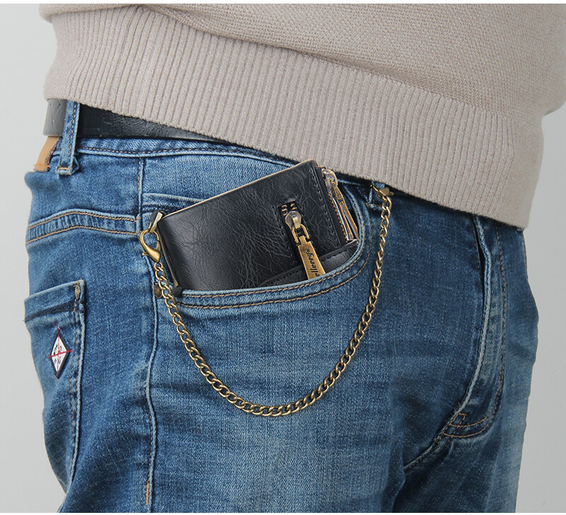 Men Leather Black Wallet with Anti-theft Chain Bifold Double Zipper Purse Gift
