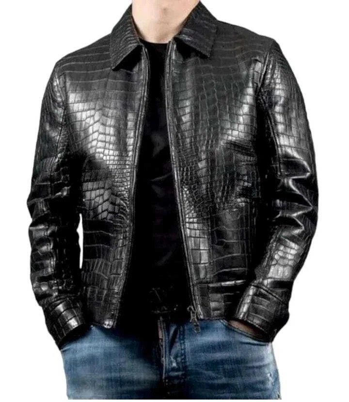 Mens Leather Crocodile Embossed Jacket Biker Black Alligator Jacket LIMITED SALE